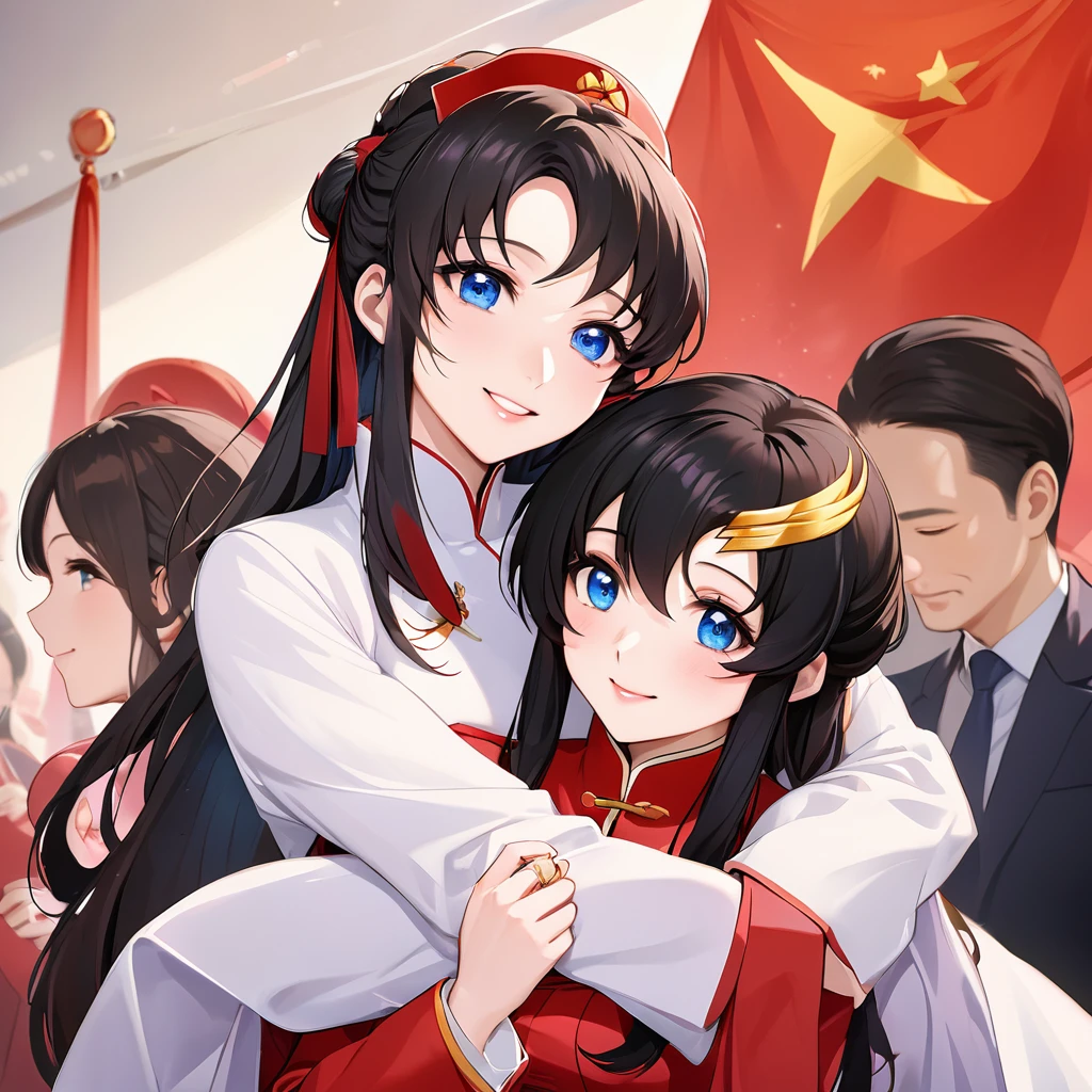 ((Highest quality)), ((masterpiece)), (detailed), (Perfect Face)、The woman is a Chinese Lacus Clyne with blue eyes and medium-long black hair. She is wearing an engagement ring. She has become a member of the glorious Chinese Communist Party and has sworn absolute loyalty to the Chinese Communist Party. She is a righteous Communist Party member of China.、The woman is a member of the Chinese Communist Party and wears luxurious clothes.、For the sake of China, they dye their hair, hairstyle, clothes, and everything they wear belongs to the Chinese Communist Party, and their thoughts are also Chinese, becoming great Chinese in body and mind.、The woman became Lacus Clyne, a Chinese woman who was proud of and loved China.、The woman is chosen by a great Chinese Communist Party official and is given the honor of becoming his wife.、The woman looks happy being held in the arms of a great Chinese Communist Party official.、The woman is the wife of a glorious Chinese Communist Party official.、The man is a great Chinese Communist Party official, a dignified and imposing old man who marries the woman.、A happy couple, the woman is hugged by the man and looks happy