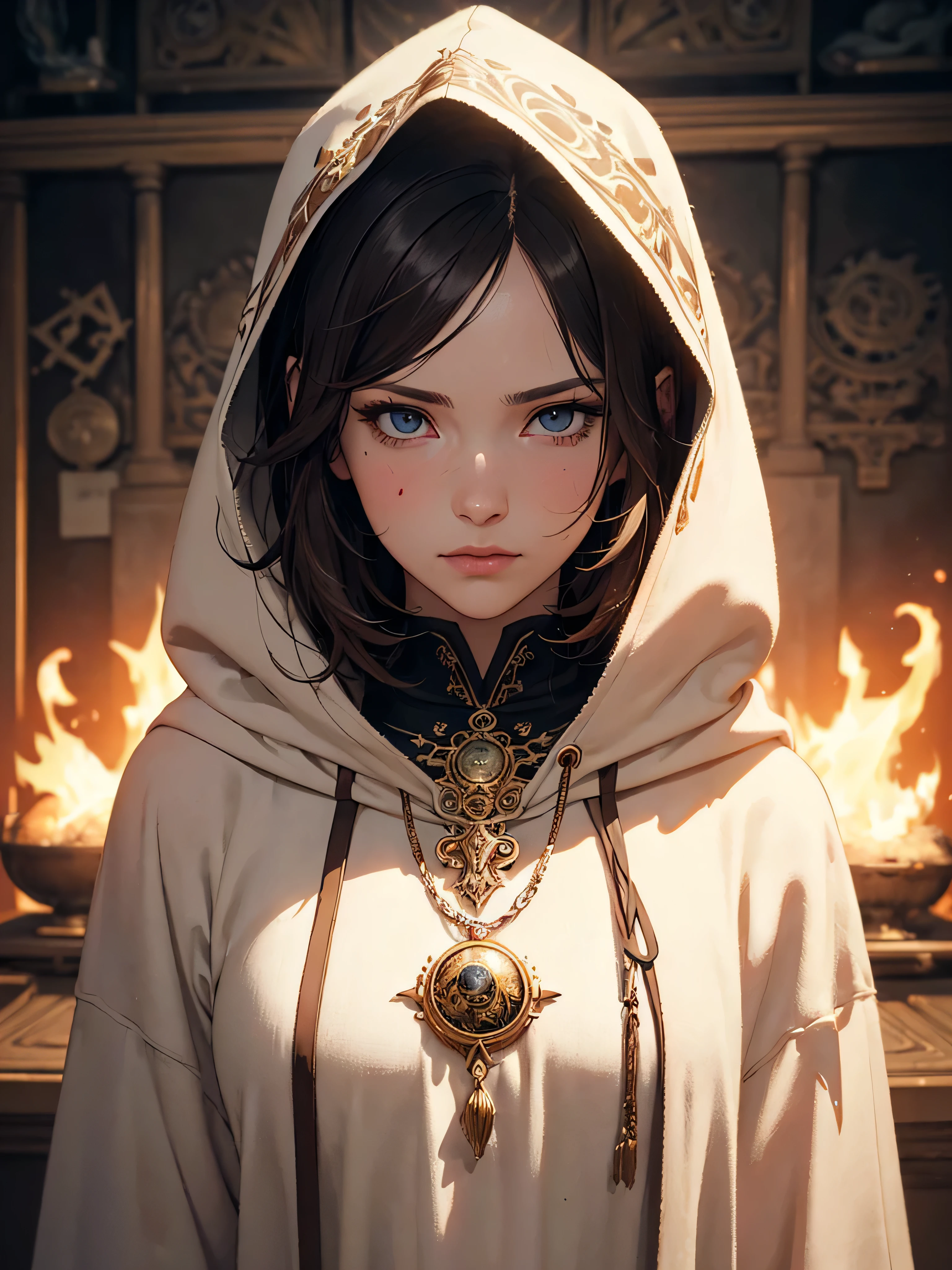 (by Greg Rutkowski: 1.2), (masterpiece), ((best quality)), extremely delicate and beautiful, illustration, highly detailed face and body, highly detailed hand and fingers. ((woman, hermeticwizard, hkmagic, fire_magic, ornate_hooded_robe, talisman, runes, dust, lightrays, ancient_tomb in the background, cinematic shot)), ((Heavy clothing, Very warm clothes)), cool face, HD. elegance. photorealism. Unreal engine. From Brian Froud and Carne Griffiths and Wadim Kashin and John William Waterhouse, 8K post-production, high resolution, hyperdetailed, depth of field, HDR, intricate