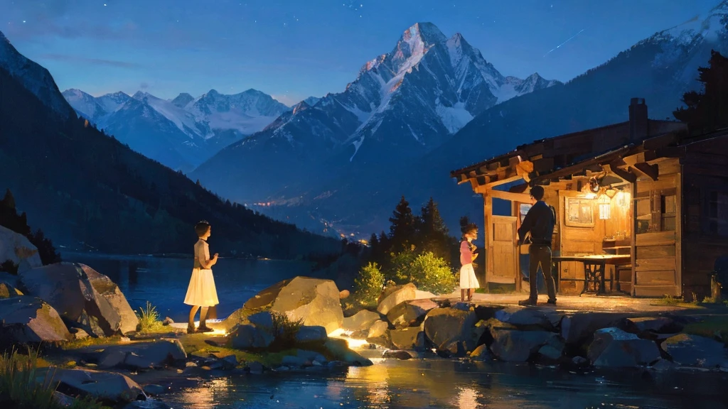 A boy and a girl meeting by the mountains at night. Romantic lighting