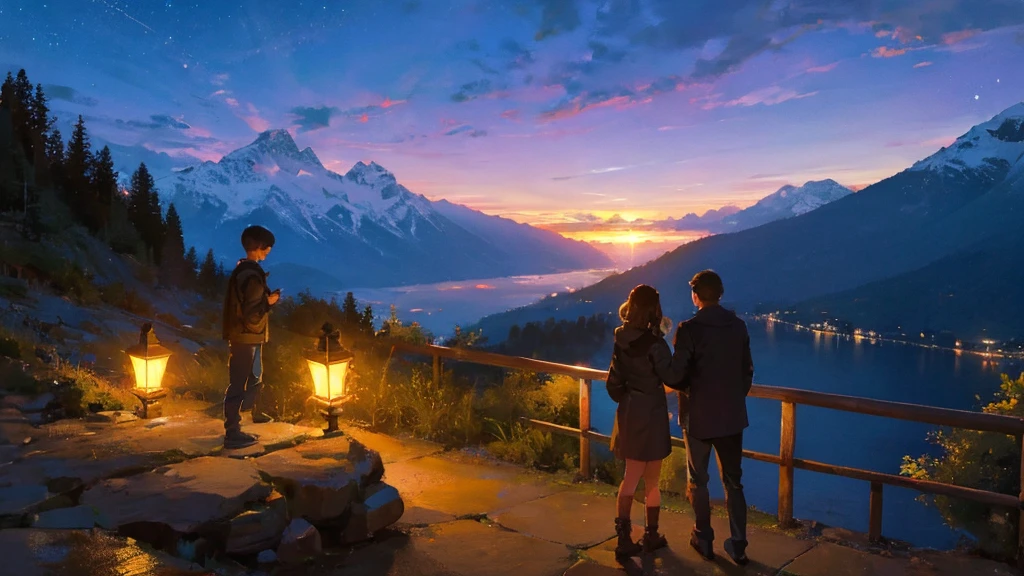 A boy and a girl meeting by the mountains at night. Romantic lighting