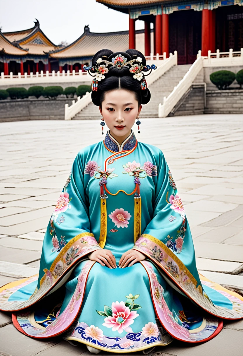 A Qing Dynasty Empress with her legs raised and spread apart. On the stone pavement outside the Chinese palace. Qing Dynasty Empress. A Chinese Empress wearing a large crown. Her hair is decorated with a large hair ornament with a gorgeous flower and a large crown.
Her hair is tied up and pulled up. The background is the luxurious palace of the Qing Dynasty empress.