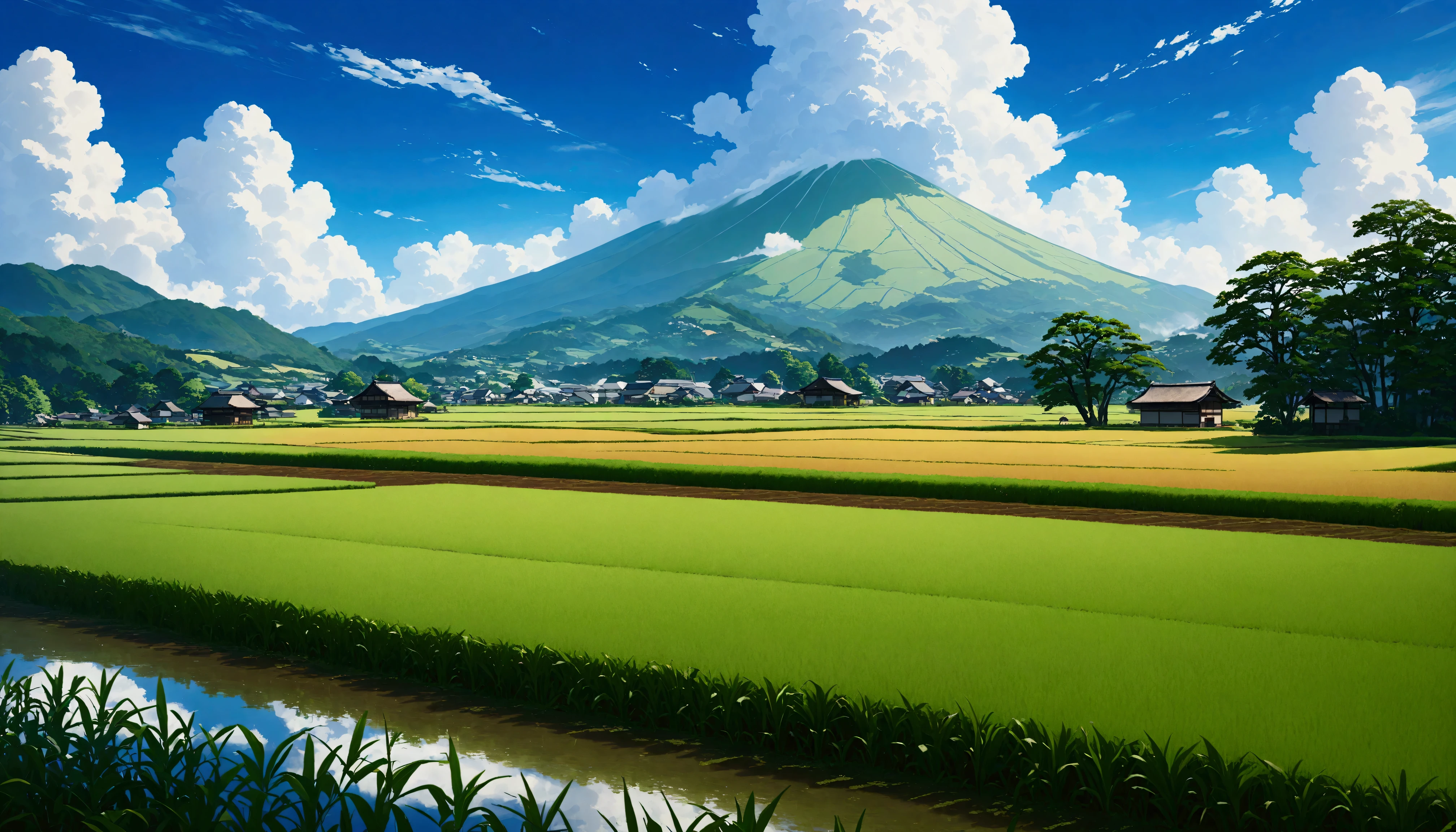Japanese countryside,Paddy field,Azemichi,Midsummer,sunny,cumulonimbus,Daytime,Highest quality, 8k, High resolution, masterpiece:1.2, Very detailed, Realistic:1.37, High resolution, 超High resolution, Very detailed, Professional, Vibrant colors