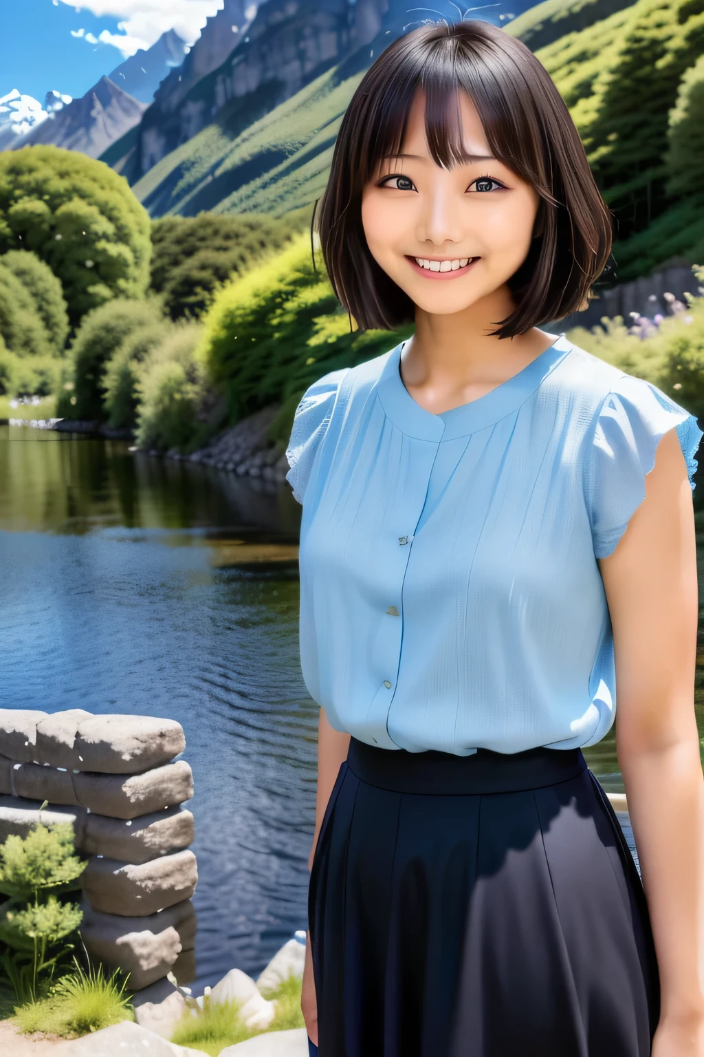 Asian woman standing in front of a river with mountains in the background, Chiho, narumi kakinouchi, My motto is Teshirogi, Short Hair, Chiho ashima, kiyoko suzuki, Wenfei Ye, Yasumoto Oka, Jaeyoung Nam, Face that faithfully reproduces the face of LoRA, High resolution, Very detailed, Natural Bangs, highest quality