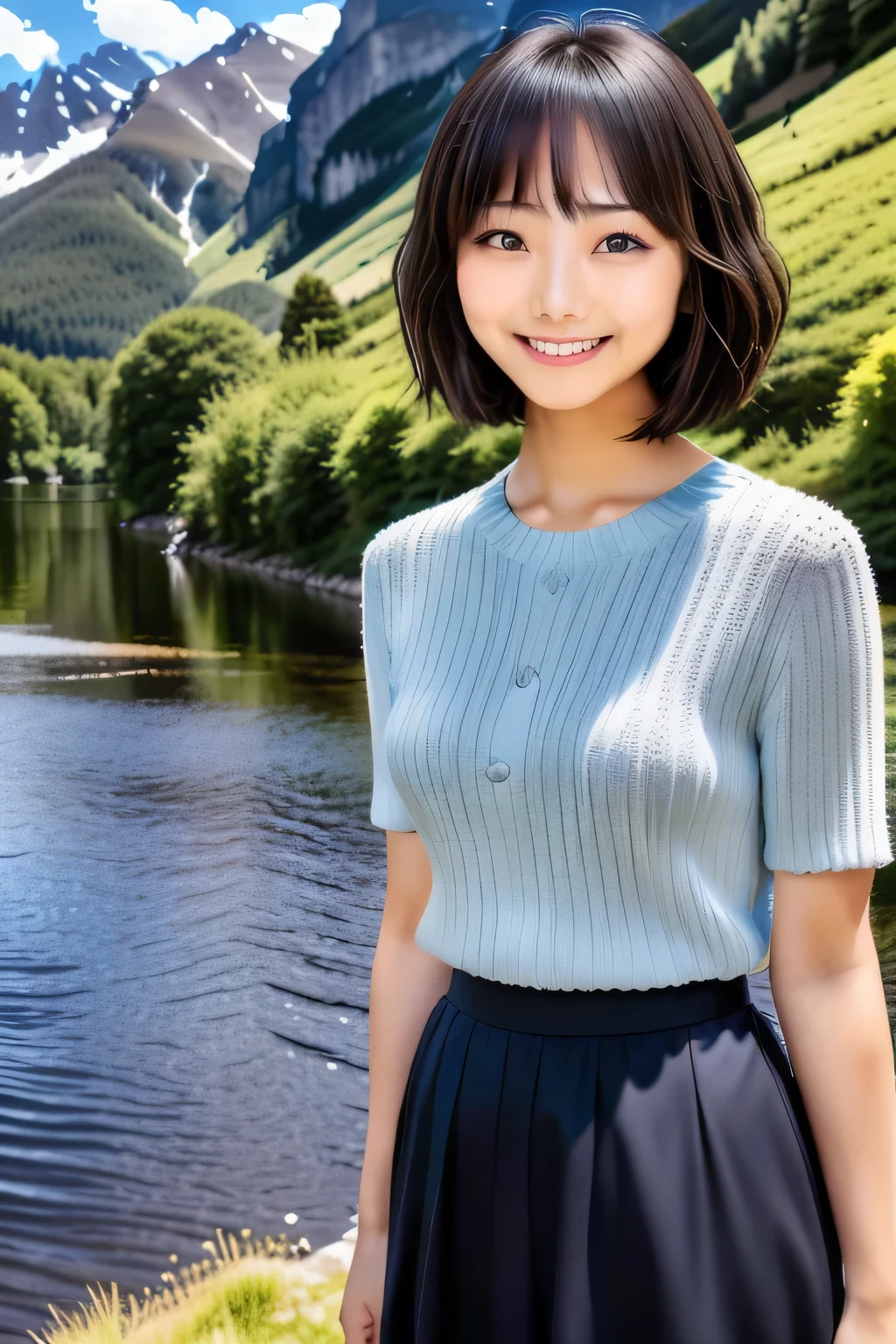 Asian woman standing in front of a river with mountains in the background, Chiho, narumi kakinouchi, My motto is Teshirogi, Short Hair, Chiho ashima, kiyoko suzuki, Wenfei Ye, Yasumoto Oka, Jaeyoung Nam, Face that faithfully reproduces the face of LoRA, High resolution, Very detailed, Natural Bangs, highest quality