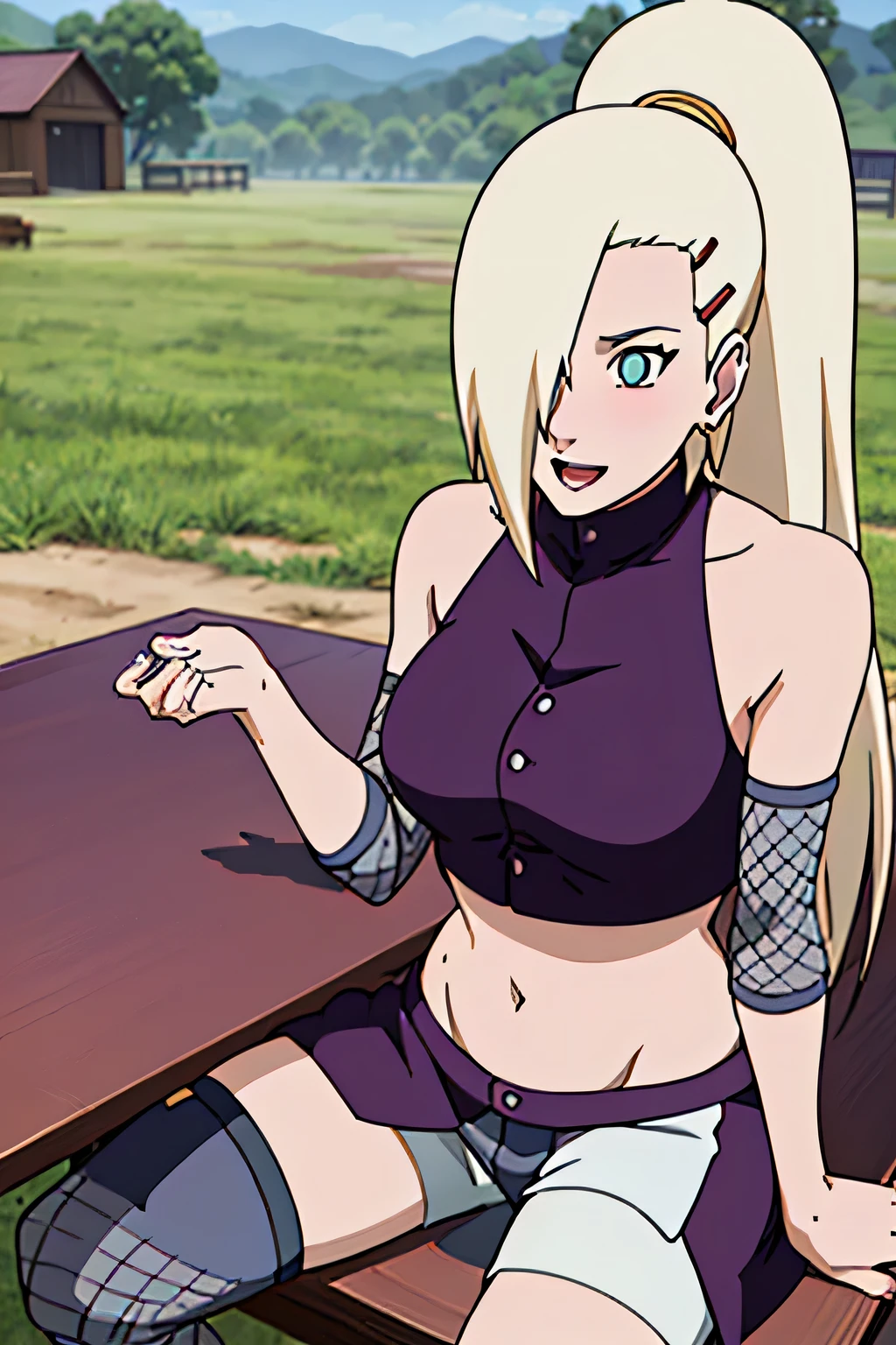 (Position yourself for the audience.), Ino Yamanaka, looking at the audience, charming, Groin, cowboy shoot, Extraordinarily detailed face, sunny day, Daytime, upper body view, anime style, alone, House details, Blonde, ((One eye is covered with fur., Hair over the eyes)), Medium bust, Belly button, looking at the audience, (off shoulder, Broad shoulders, curved body), hidden eyes, smile, open mouth, very happy, high, Hair clips, Looks sharp, Sharp face, Sharp eyes, cool colors,Knees up,Beautiful legs,Leg kick,sitting on the table,Leg lift,Split your legs,Show your pants,นั่งSplit your legs, blushing