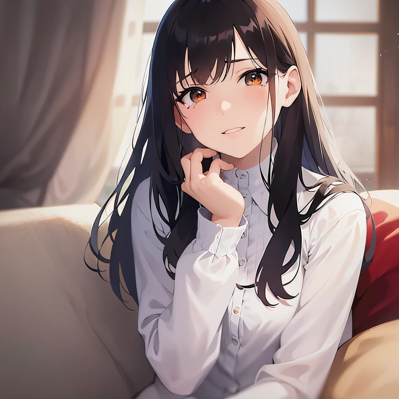 (looking away:1.5),Upper Body,head tilt,(wiping tears:1.2),
Realistic, real person, (pale skin: 1.2), RAW photo, photorealistic, shiny skin, shiny hair、
(A 25-year-old woman with medium-length hair and bangs) and (wavy hair) and (brown hair) and (orange eyes) 、
(tearful:1.2),smile,Sitting、White long sleeve dress with collar、The background is the living room
