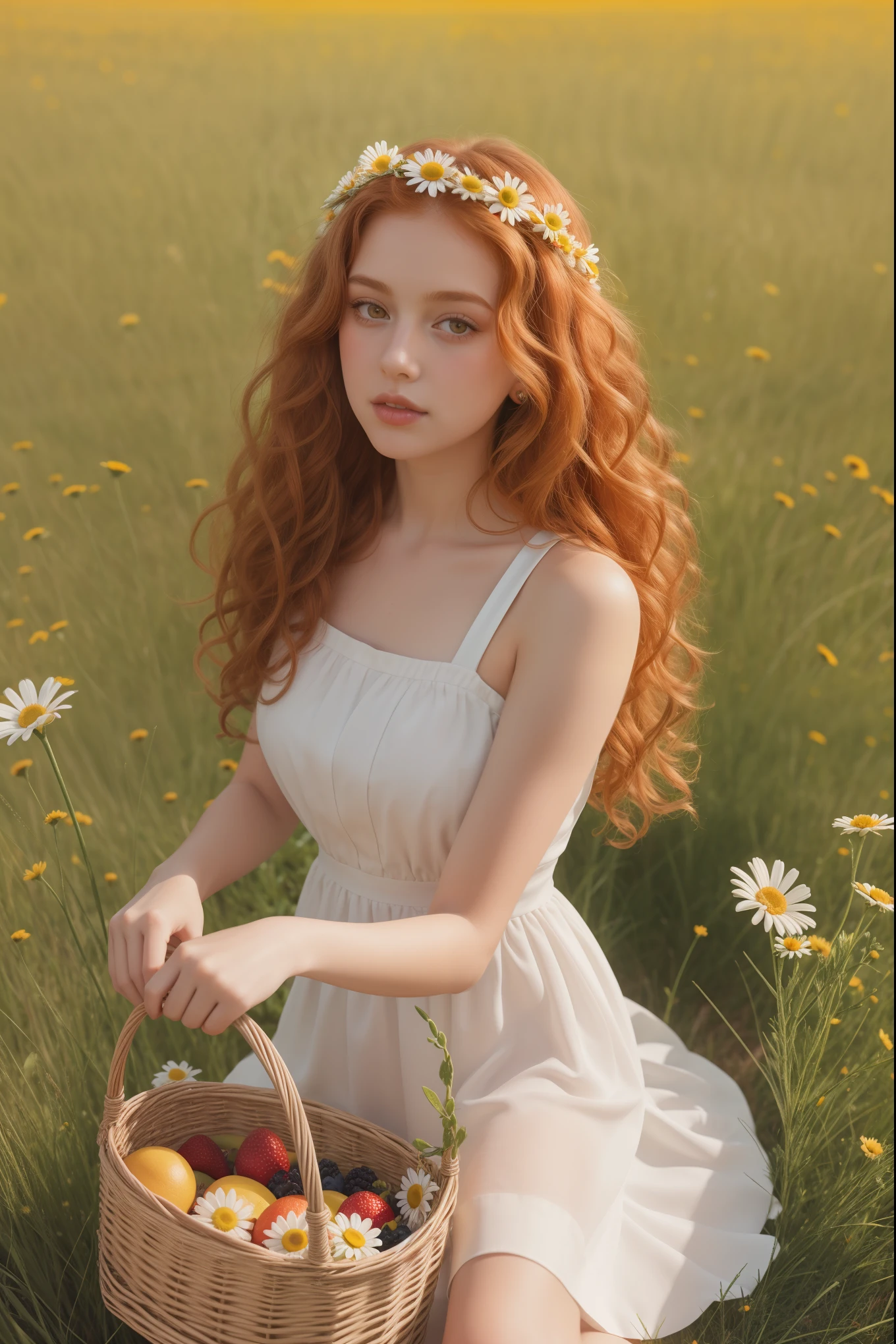 (girl:1.2),alone, (long ginger curly hair:1.1), brown eyes, Wearing a daisy wreath on your head, Sit in a daisy field, (fruit basket:1.1), coquette dress,raw,photographic,photo shadows,actual,Ridiculous,Aesthetic,elegant
