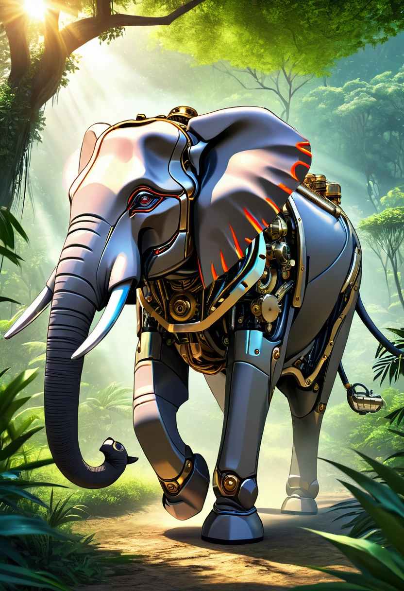 a portrait of a ((mechanical elephant: 1.2)) in the jungle, an epic mecha elephant ((full body: 1.5)), ((anatomically correct: 1.5)), (ultra detailed face: 1.2), mechanical eyes, ,mechanical trunk, in the savannah , full of savannah wild life, there is a stream of water, it is a sunny day, there are sun rays, savannah background, vibrant, Ultra-high resolution, High Contrast, (masterpiece:1.5), highest quality, Best aesthetics), best details, best quality, highres, 16k, (ultra detailed: 1.5), masterpiece, best quality, (extremely detailed) RAW, (ultra details, Masterpiece, best quality), nijimecha