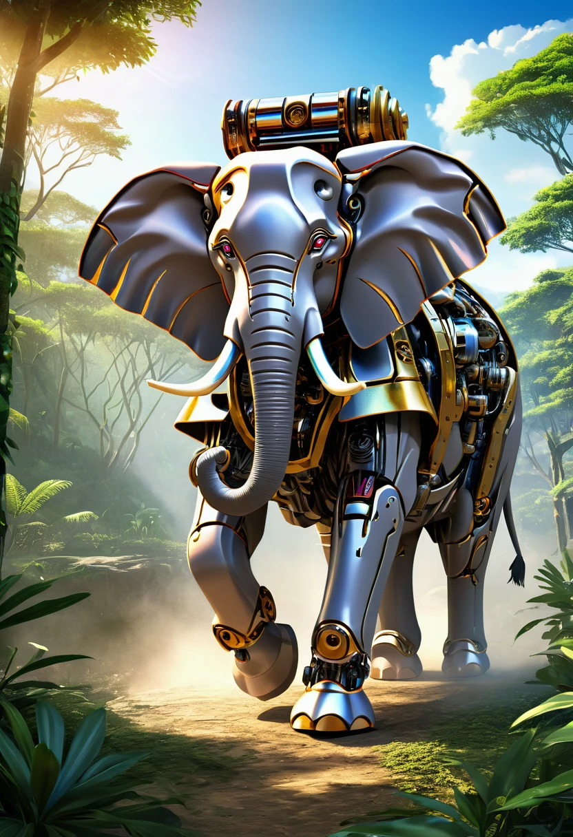 a portrait of a ((mechanical elephant: 1.2)) in the jungle, an epic mecha elephant ((full body: 1.5)), ((anatomically correct: 1.5)), (ultra detailed face: 1.2), mechanical eyes, ,mechanical trunk, in the savannah , full of savannah wild life, there is a stream of water, it is a sunny day, there are sun rays, savannah background, vibrant, Ultra-high resolution, High Contrast, (masterpiece:1.5), highest quality, Best aesthetics), best details, best quality, highres, 16k, (ultra detailed: 1.5), masterpiece, best quality, (extremely detailed) RAW, (ultra details, Masterpiece, best quality), nijimecha