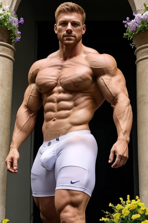 extremely and cartoonishly Muscular man with ginger hair, handsome face, Greek god body, small waist, Dressed in a small wet white thong and a huge bulge underneath, Clearly elegant short hair, within ancient Greek time, Flowers and mist around, huge bulge, overly exaggerated bodybuilder build, rippling chest