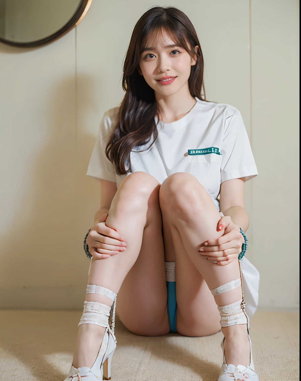 Full body photo of a nurse, The most beautiful nurses, (((Head to Toe))), (((Sit with your knees up and your legs apart))), (((Chained body and limbs,))), Looking into the camera, Ecstatic expression, Examination room, Random sexy poses, Attention to detail, Huge , A female nurse wearing a nurse uniform made of pink thin fabric, Reflecting the shape of the nipple on the nurse's uniform, Thin panties, Not wearing a bra, Realistic, The chest of the nurse's uniform is half hidden, White and beautiful skin, Sweaty skin, Professional Writing, Wearing high heels, Torn black stockings