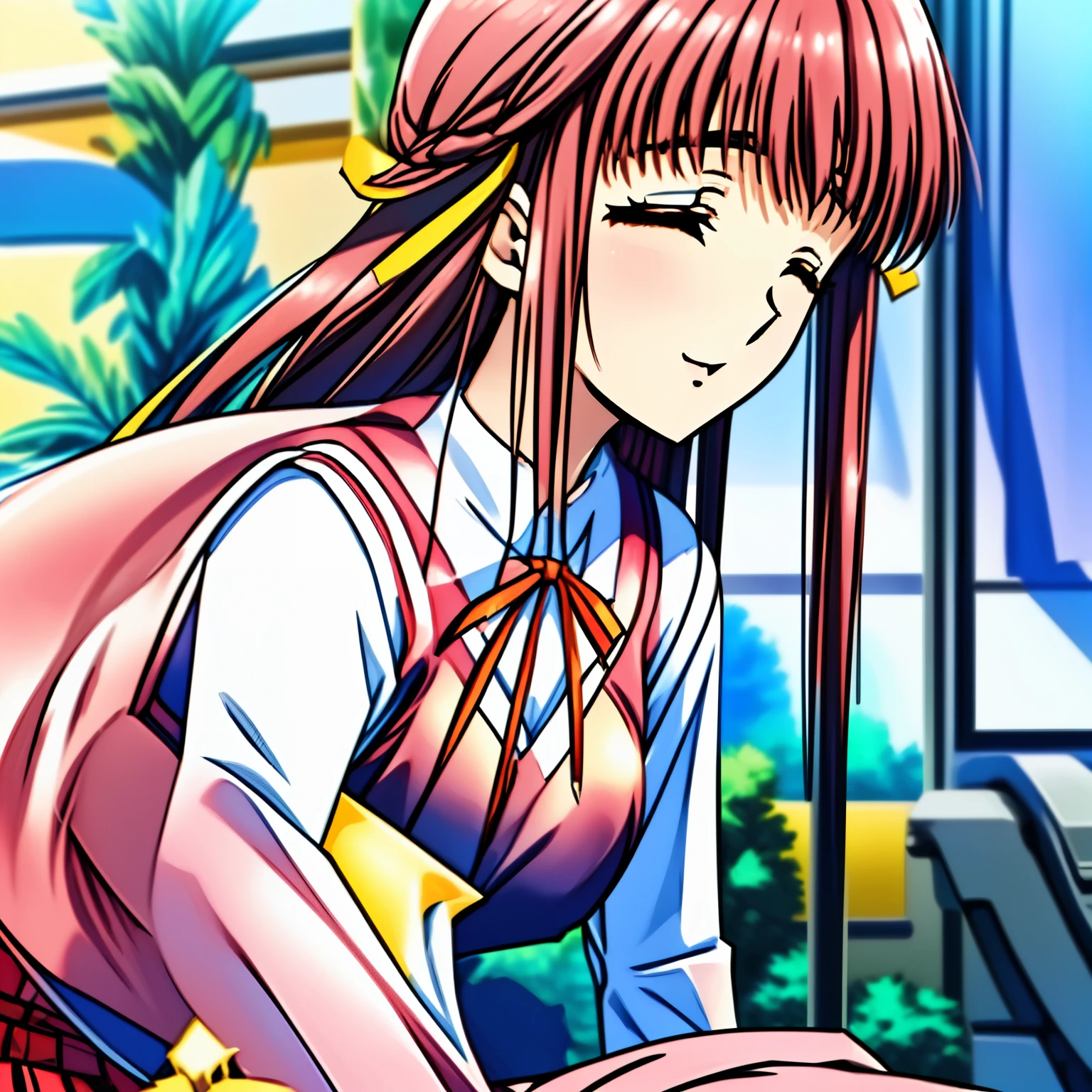 (highest quality, masterpiece:1.2), highest quality, High resolution, 1080P, 8k, (Very beautiful high-resolution anime CG drawn with very thin sharp lines: 1.5), (Two Beautiful 15yo girl anime heroine, A very neat, very noble, pretty, pure girls are laughing with closed eyes: 1.4), (sharp thin lines: 1.5), (Glossy lips: 1.2), Evenly cut curled bangs, (Very beautiful and very super-long flowing pink long hair: 1.2), (Noble red gorgeous school vest uniform, red gorgeous pleated noble skirt, light-pink neat blouse: 1.8), (Yellow cute school ribbon on her chest), (Yellow hair ribbon clip: 1.0), (Giggling: 1.0), (Mouth is laughing and wide open as a game heroine: 1.0), (A beautiful body like a model), (long cute eyelashes: 1.4), (Tilting her head shyly: 1.2), (Too beautiful women, 1.6), (She is in fact succubi and calling me with strong religious temptation, drops me into craziness: 1.2), (We are looking her facial profile from the side: 1.5), (Strong wind flows her long beautiful hair: 1.2)