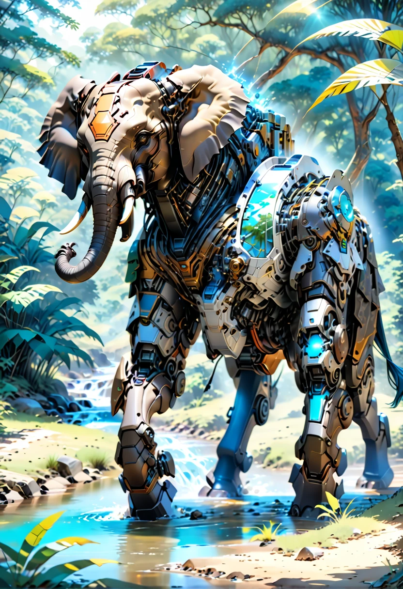 a portrait of a ((mechanical elephant: 1.2)) in the jungle, an epic mecha elephant ((full body: 1.5)), ((anatomically correct: 1.5)), (ultra detailed face: 1.2), mechanical eyes, ,mechanical trunk, in the savannah , full of savannah wild life, there is a stream of water, it is a sunny day, there are sun rays, savannah background, vibrant, Ultra-high resolution, High Contrast, (masterpiece:1.5), highest quality, Best aesthetics), best details, best quality, highres, 16k, (ultra detailed: 1.5), masterpiece, best quality, (extremely detailed) RAW, (ultra details, Masterpiece, best quality), nijimecha