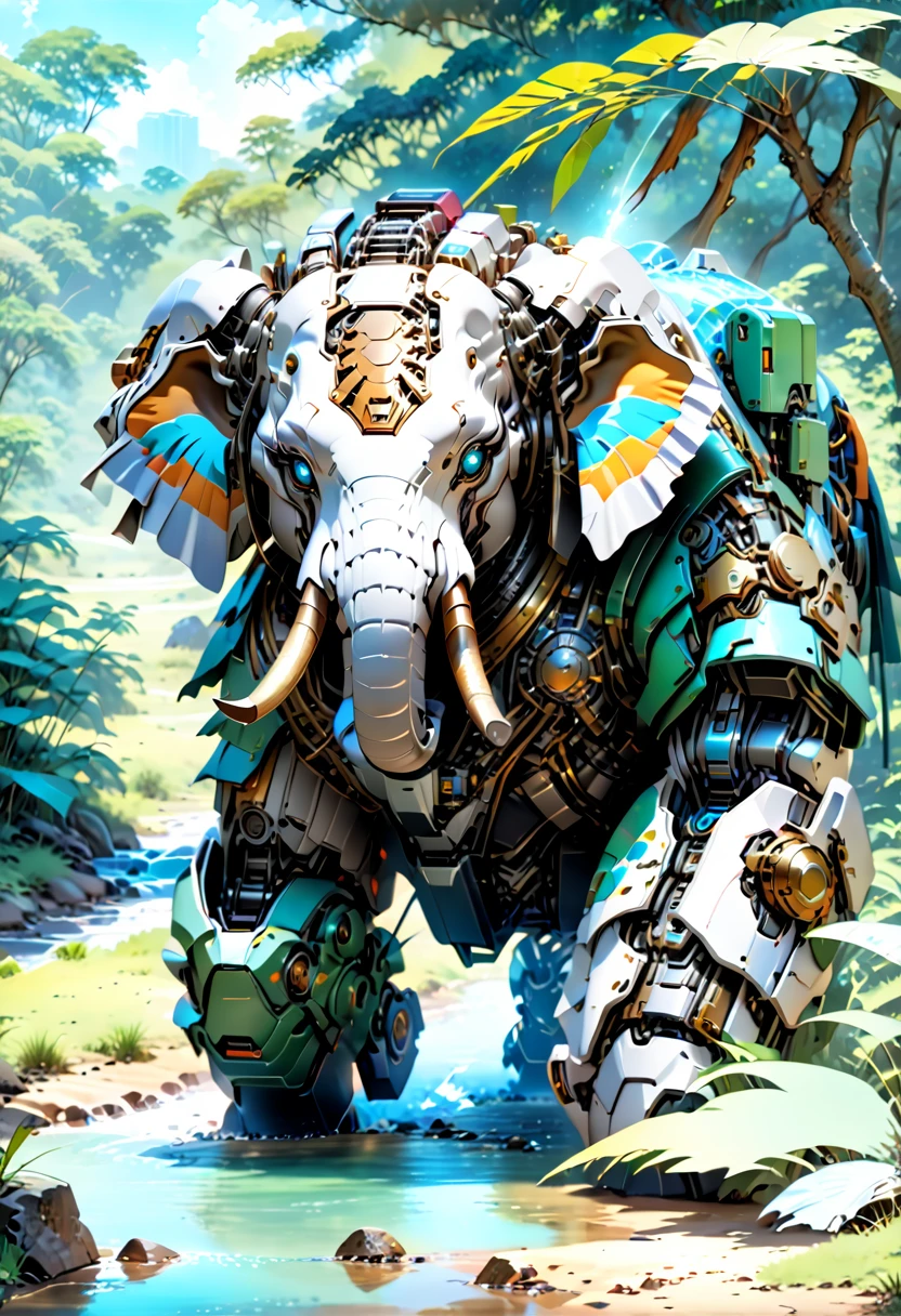 a portrait of a ((mechanical elephant: 1.2)) in the jungle, an epic mecha elephant ((full body: 1.5)), ((anatomically correct: 1.5)), (ultra detailed face: 1.2), mechanical eyes, ,mechanical trunk, in the savannah , full of savannah wild life, there is a stream of water, it is a sunny day, there are sun rays, savannah background, vibrant, Ultra-high resolution, High Contrast, (masterpiece:1.5), highest quality, Best aesthetics), best details, best quality, highres, 16k, (ultra detailed: 1.5), masterpiece, best quality, (extremely detailed) RAW, (ultra details, Masterpiece, best quality), nijimecha