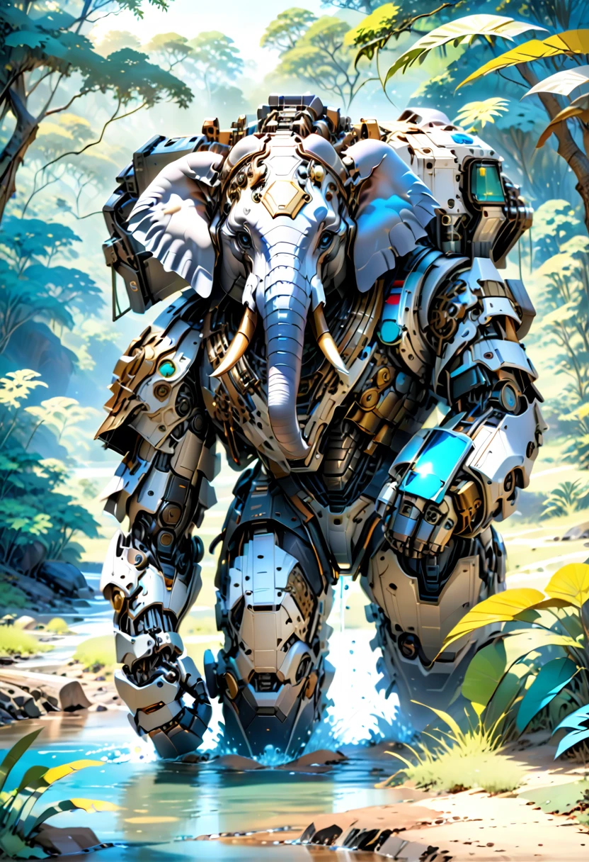 a portrait of a ((mechanical elephant: 1.2)) in the jungle, an epic mecha elephant ((full body: 1.5)), ((anatomically correct: 1.5)), (ultra detailed face: 1.2), mechanical eyes, ,mechanical trunk, in the savannah , full of savannah wild life, there is a stream of water, it is a sunny day, there are sun rays, savannah background, vibrant, Ultra-high resolution, High Contrast, (masterpiece:1.5), highest quality, Best aesthetics), best details, best quality, highres, 16k, (ultra detailed: 1.5), masterpiece, best quality, (extremely detailed) RAW, (ultra details, Masterpiece, best quality), nijimecha