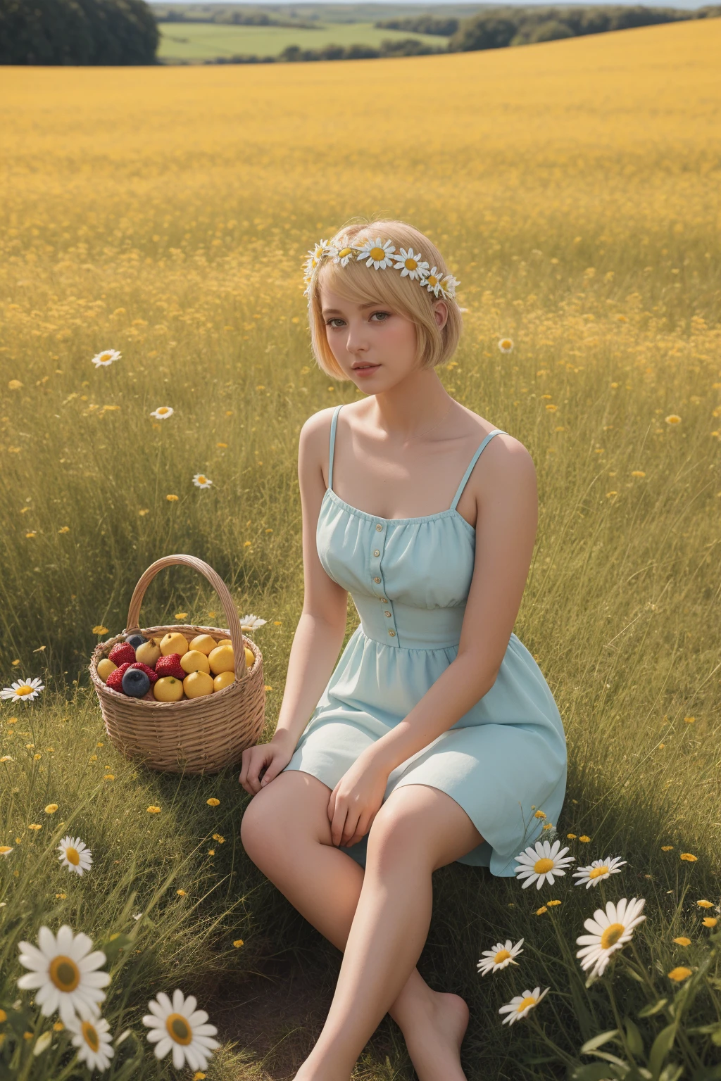 (girl:1.2),alone, (blonde short hair:1.1), brown eyes, Wearing a daisy wreath on your head, Sit in a daisy field, (fruit basket:1.1), coquette dress,raw,photographic,photo shadows,actual,Ridiculous,Aesthetic,elegant
