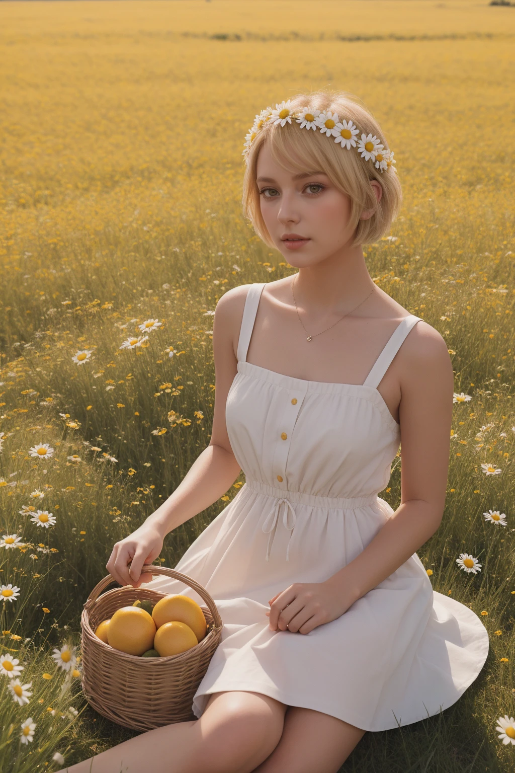 (girl:1.2),alone, (blonde short hair:1.1), brown eyes, Wearing a daisy wreath on your head, Sit in a daisy field, (fruit basket:1.1), coquette dress,raw,photographic,photo shadows,actual,Ridiculous,Aesthetic,elegant
