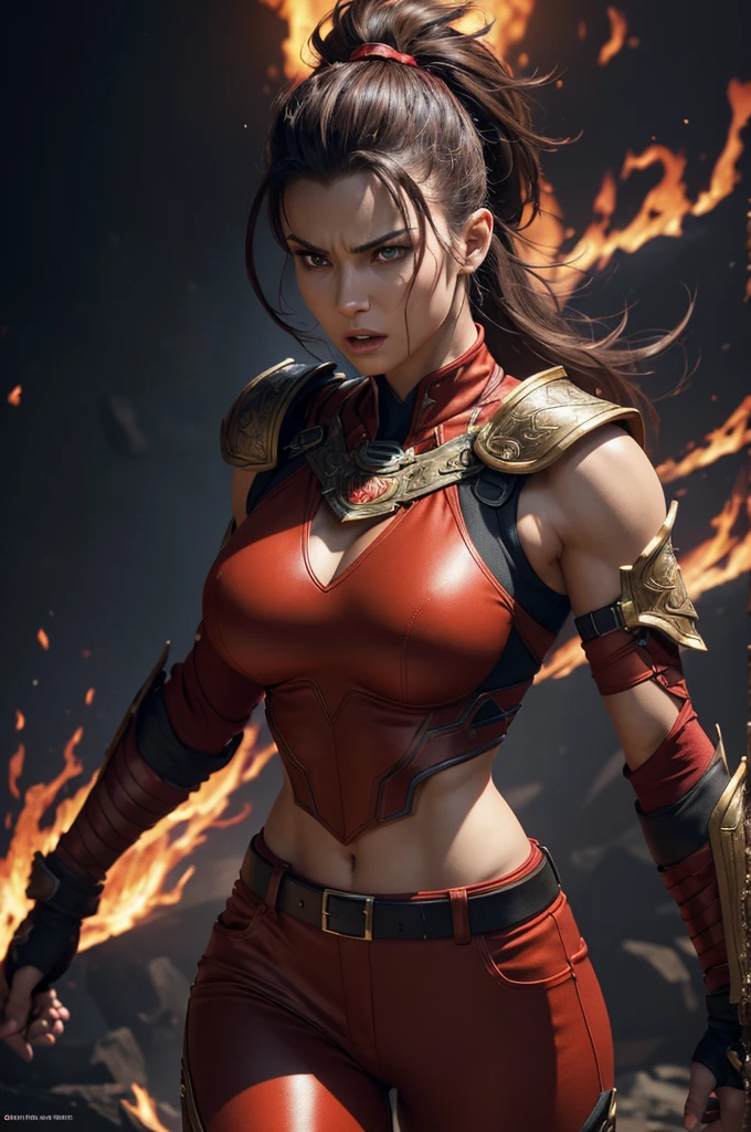 a slender, muscular woman with a light brown mohawk, glowing iris, large breasts, lean and muscular lower body, wearing gorgeous red chest armor, luxury black and red pants, and red shoulder pads, in a dynamic action pose with a sense of anger, looking directly at the viewer, surrounded by a rich background and large flames burning from her body, (best quality,8k,highres,masterpiece:1.2),ultra-detailed,(realistic,photorealistic,photo-realistic:1.37),official art,vivid colors,studio lighting,extreme detail description,physically-based rendering