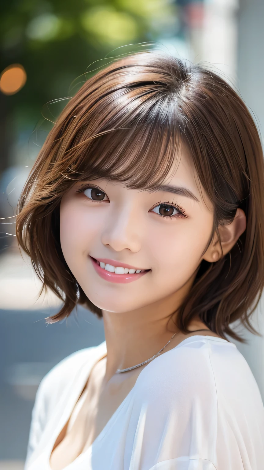 Happy smile seeing this、In the city、(Highest quality,8K quality,masterpiece:1.3,),(Ultra-high resolution:1.3,Realistic:1.4,RAW Photos:1.2),(Very detailed:1.2,Glowing Skin,Detailed skin:1.1),(Detailed face,Perfect Anatomy,Caustics:1.2),,1 girl,cute,Japanese,18-year-old,Japanese Ido,Natural brown hair,Curl short hair outward,cute目,Natural Makeup,bright casual clothes,Laughter,Looking into the camera,On the face,Face Focus,Professional Lighting,Natural soft light,