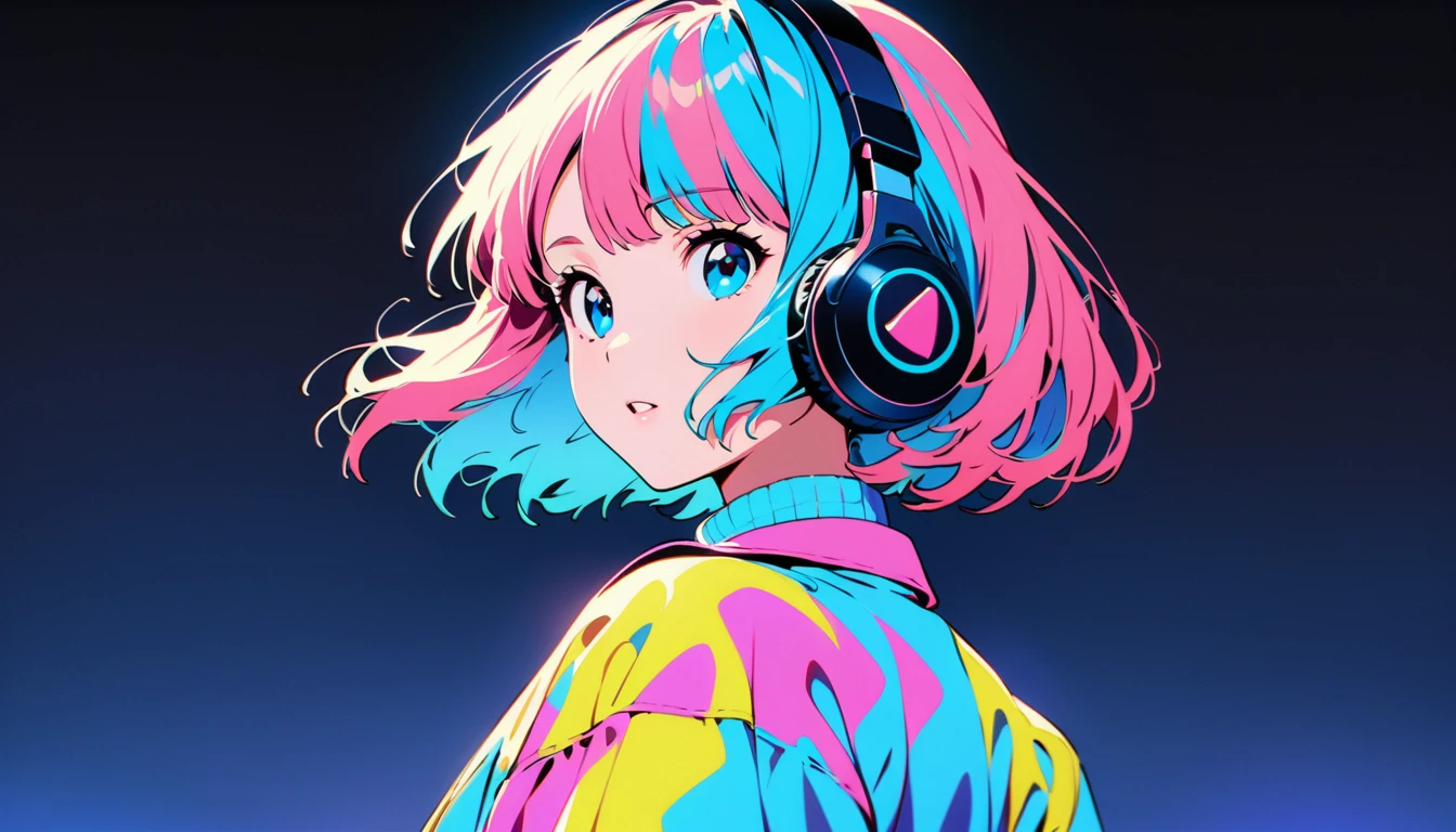 (Highest quality:1.2, City Pop Style, Very detailed, Latest, Vibrant, High Contrast, masterpiece:1.2, Highest quality, Best aesthetics), girl, ((Face Up Shot:1.4)), Colorful Hair, Bobcut, pastel colour, 1980s style, ((Retro, Vintage, Plain background))Headphones