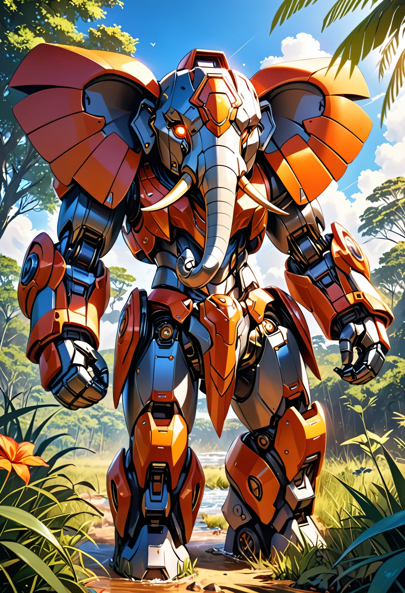 a portrait of a ((mechanical elephant: 1.2)) in the jungle, an epic mecha elephant ((full body: 1.5)), ((anatomically correct: 1.5)), (ultra detailed face: 1.2), mechanical eyes, ,mechanical trunk, in the savannah , full of savannah wild life, there is a stream of water, it is a sunny day, there are sun rays, savannah background, vibrant, Ultra-high resolution, High Contrast, (masterpiece:1.5), highest quality, Best aesthetics), best details, best quality, highres, 16k, (ultra detailed: 1.5), masterpiece, best quality, (extremely detailed) RAW, (ultra details, Masterpiece, best quality), nijimecha