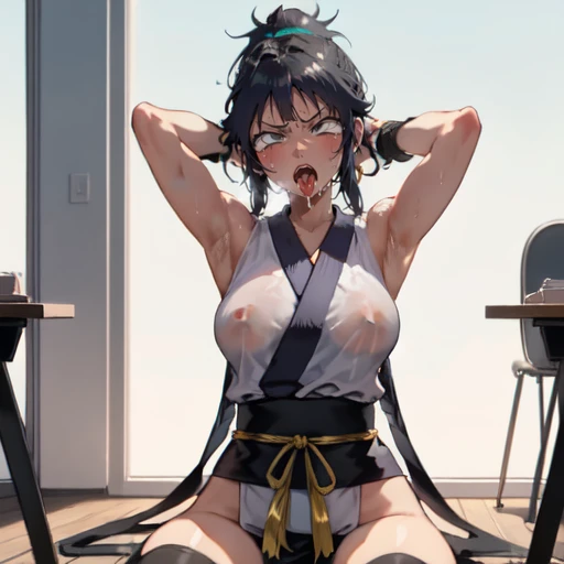 1girl, (ahegao),(muscle1.4), (masterpiece:1.3), (high resolution), (8K), (extremely detailed), (4k), (pixiv), perfect face, nice eyes and face, (best quality), (super detailed), detailed face and eyes, (solo), textured skin, absurdres, highres, wzkomachine, white eyes, Small breasts, sash, bike shorts, short sleeves, bangs, black gloves, fingerless gloves, long hair, black hair,ponytail, japanese clothes, kimono, sitting on floor, looking at viewer,Nipple exposure,Sexy, flirtatious, Solitary, eternity, - Hip vents, No underwear,No eyeballs, Also available in black, low twin braids,Facing the audience, looking at the audience, tired, from below, (Exposed armpit:1.1), ((armpit:1.2)), sexy, Sweating, More and more sweat,(ahegao), (Roll your eyes), Naughty face, blush, open mouth, Sticking out tongue, saliva, Slobber,Skinny, raise arms, (arms above head:1.5)