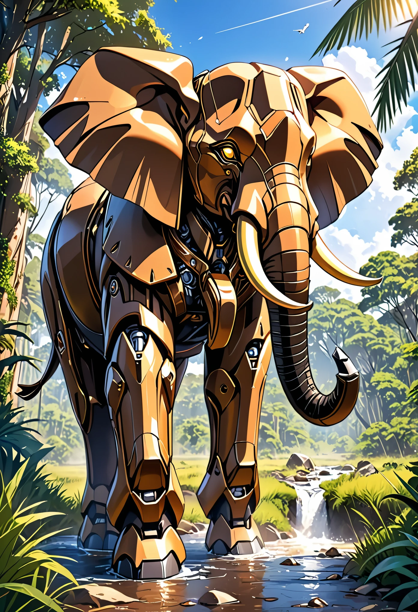 a portrait of a ((mechanical elephant: 1.2)) in the jungle, an epic mecha elephant ((full body: 1.5)), ((anatomically correct: 1.5)), (ultra detailed face: 1.2), mechanical eyes, ,mechanical trunk, in the savannah , full of savannah wild life, there is a stream of water, it is a sunny day, there are sun rays, savannah background, vibrant, Ultra-high resolution, High Contrast, (masterpiece:1.5), highest quality, Best aesthetics), best details, best quality, highres, 16k, (ultra detailed: 1.5), masterpiece, best quality, (extremely detailed) RAW, (ultra details, Masterpiece, best quality), nijimecha