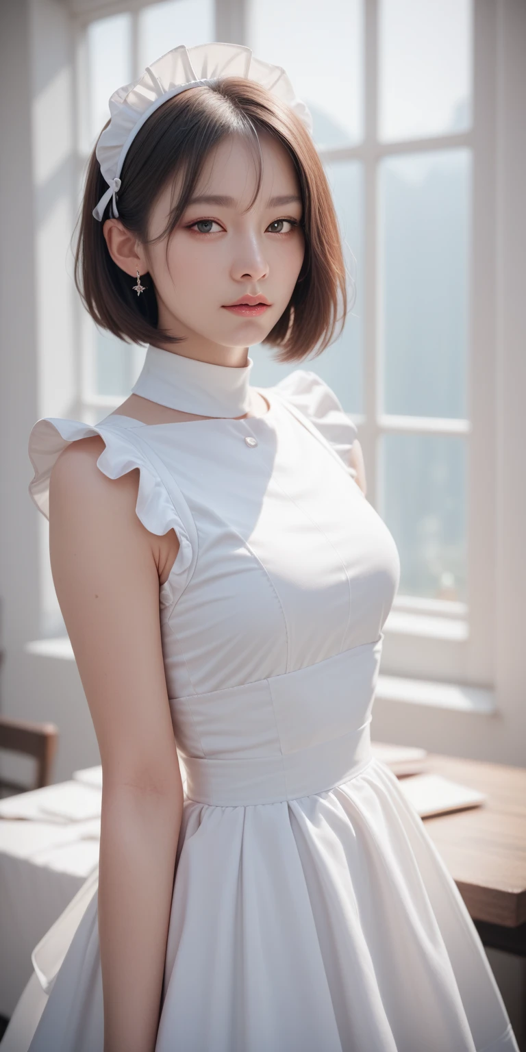 Portrait、(masterpiece,Highest quality,Ultra-high resolution),Japanese women, Bob Hair、A woman wearing a long-sleeved maid outfit made of shiny satin fabric