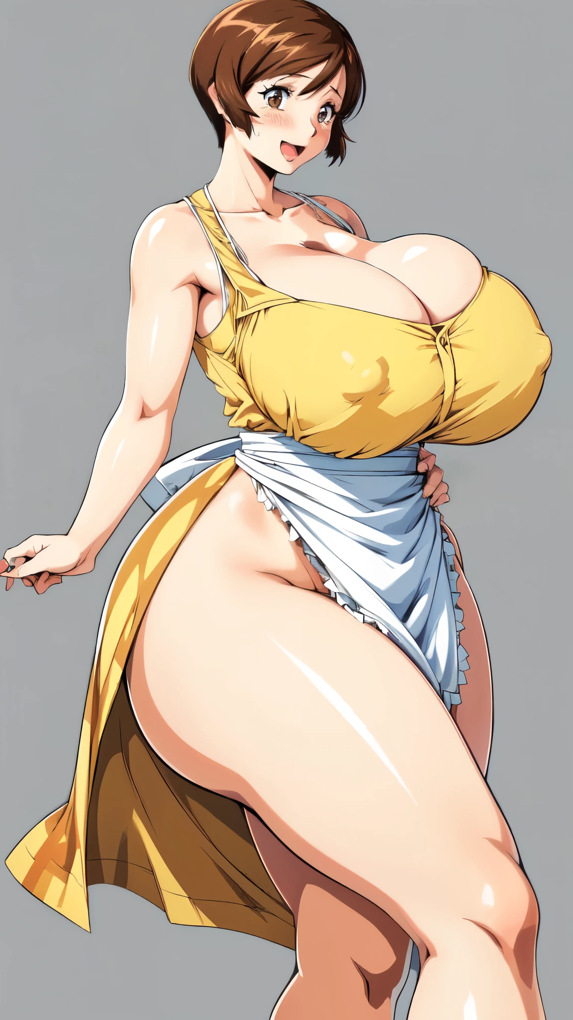 masterpiece, highest quality, High resolution, 1girl, solo, sexual intercourse, Pornographic images, short hair, etsukoto, brown Eyes, fine grain, fine grain, (((Thick thighs, Plump thighs, Voluptuous thighs, Thighs alone are enough))), ((Huge and ample breasts, Cleavage, big long breasts)), Naughty big,((big breasts are important))、((Naughty thighs)), L Cup, (thin:1.4),(Tight waist:1.4),  (yellow dress:1.4), (white waist apron), (white panty), (((Simple Background))), smile, open mouth, ((Wide Hips)), (((Shiny, Oily skin))), Mature mother, Calf, Seductive mature woman, milf, Perfect body, Plus Size Model, curvy, ample, etsukoto, blush, clavicle, retro artstyle, 1990s (style), (thick thighs:1.4), from side, ((bare legs)), ((bursting breasts, spilling out, huge cleavage, ultra-gigantic breasts)), full body, feet,