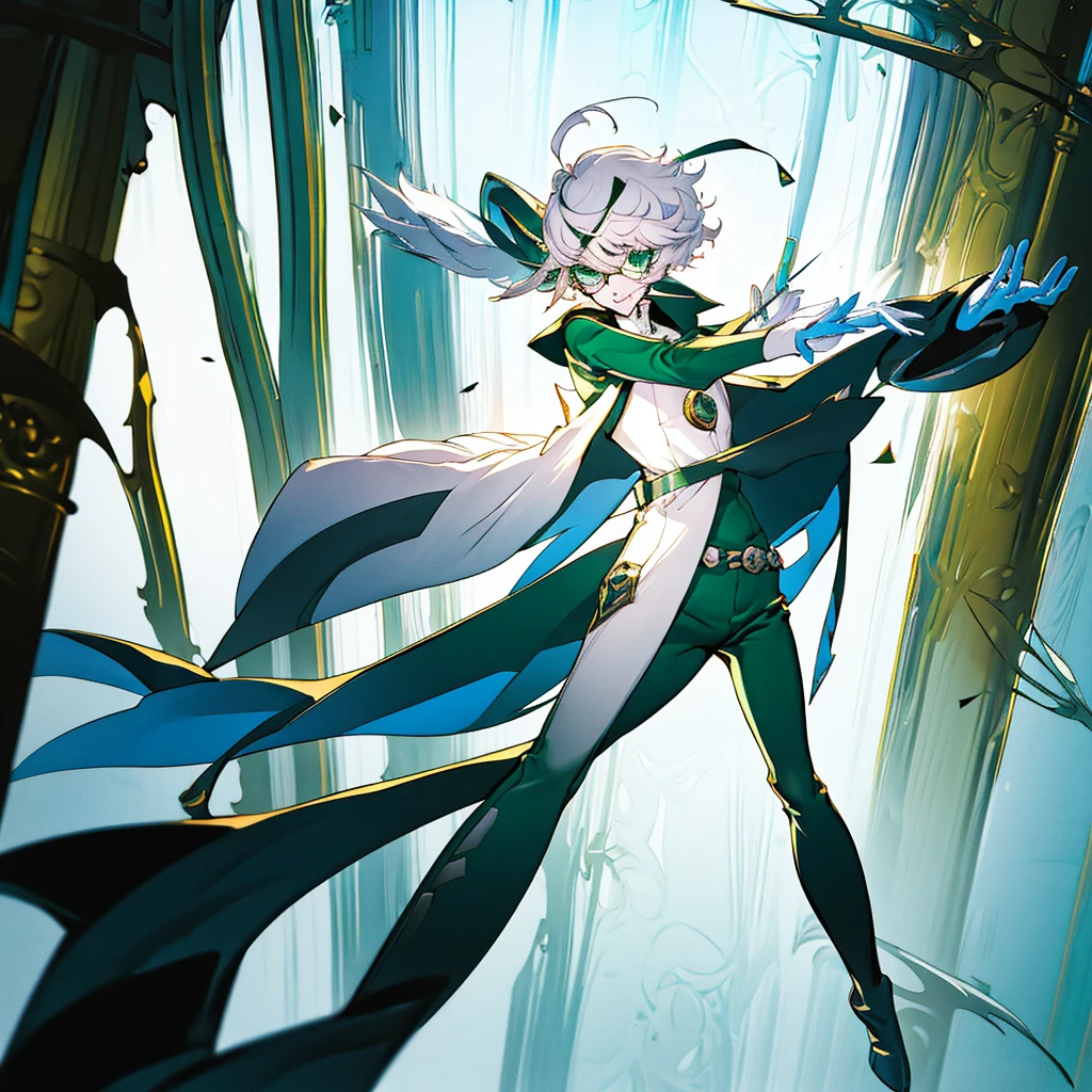 Elf, silver hair,short hair, medium cut, ahoge, curly hair,green eyes,slender, fair skin, cool Smile , White gloves, long boots, pants, tailcoat, Dance party, upper body, looking at viewer, inside, mansion, mask