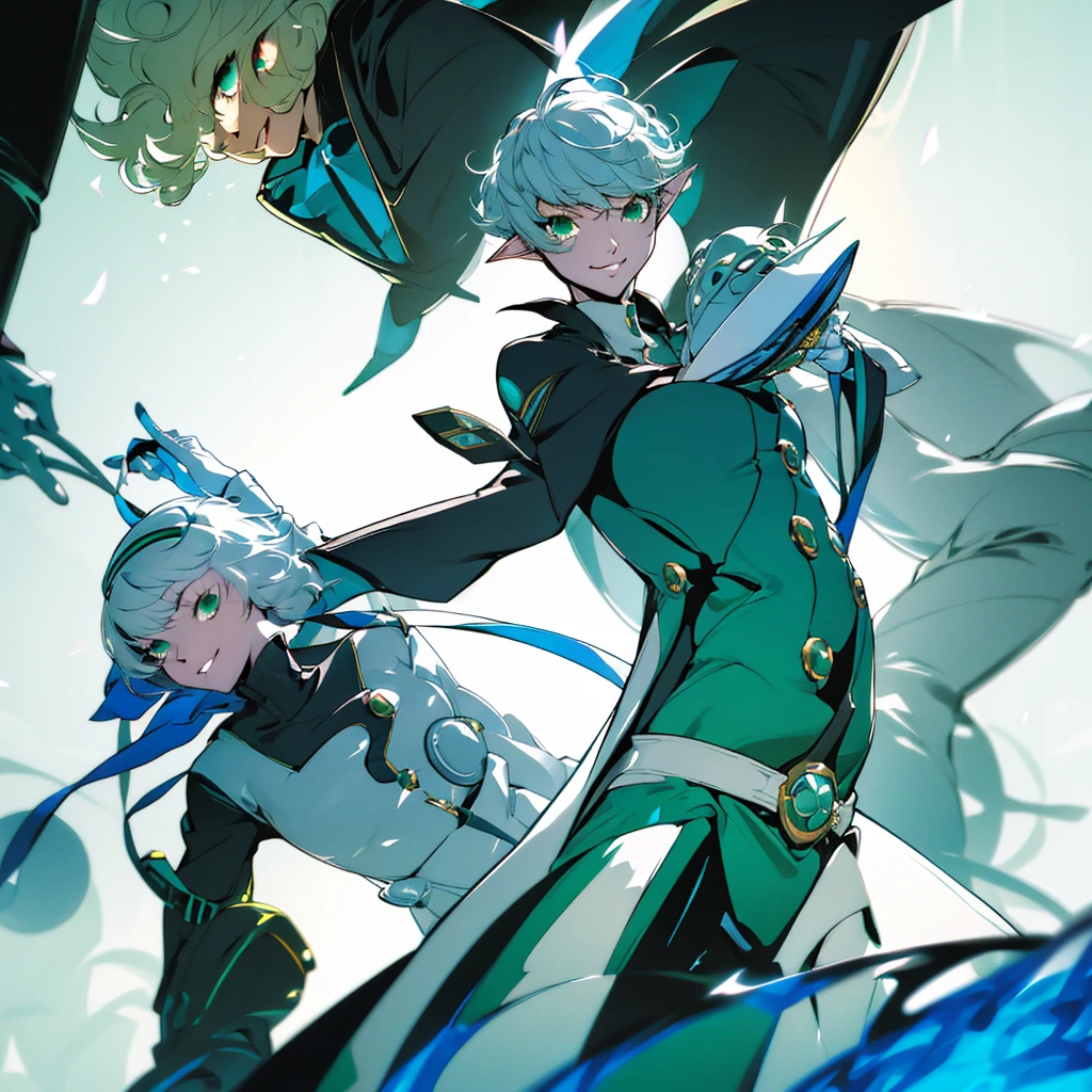 Elf, silver hair,short hair, medium cut, ahoge, curly hair,green eyes,slender, fair skin, cool Smile , White gloves, long boots, pants, tailcoat, Dance party, upper body, looking at viewer, inside, mansion, mask