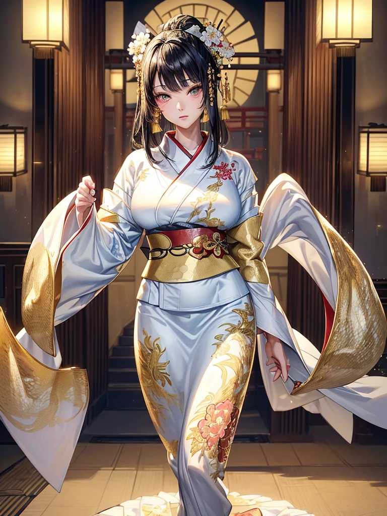 (Beautiful model in Japanese kimono commercial, Beautiful straight long black hair), alone, ((Face is 80% Beauty and elegance, 20% Cute and adorable:1.5)), Clear Eyes, (fine grain, Bright green eyes, Bright Eyes), double eyelid, (Slightly thick, Sexy lips:1.2), ((Very detailed and incredibly high resolution Deep-white Kimono:1.2)), Very detailed顔のテクスチャ, impressive body shape, Very attractive woman with curves, High Resolution RAW Color Photos Professional Photography, break ultra high-resolution textures, High Resolution Body Rendering, Big eyes, An unparalleled masterpiece, Incredible high resolution, Very detailed, Stunning Ceramic Skin, break ((Turn around and show us the pattern on your kimono:1.5)), ((She was wearing a white kimono embroidered with glittering golden dragons..:1.5)), ((The white kimono is embroidered with a vibrant rising dragon..:1.2)), (Exquisitely crafted and sensual Japanese kimono), ((The embroidery pattern is a Chinese dragon rising to the sky):1.2), ((An intricately and elegantly decorated white kimono)), (Photographed in front of the round shoji screen of a Japanese-style room)), break ((Highest quality, 8k)), Sharp focus:1.2, (Layered Cut, big:1.2), (Beautiful woman with perfect figure:1.4), (Beautiful and elegant rear view:1.3), Tight waist, (Correct hand shape:1.5), (Full Body Shot | Cowboy Shot),God big breasts, 