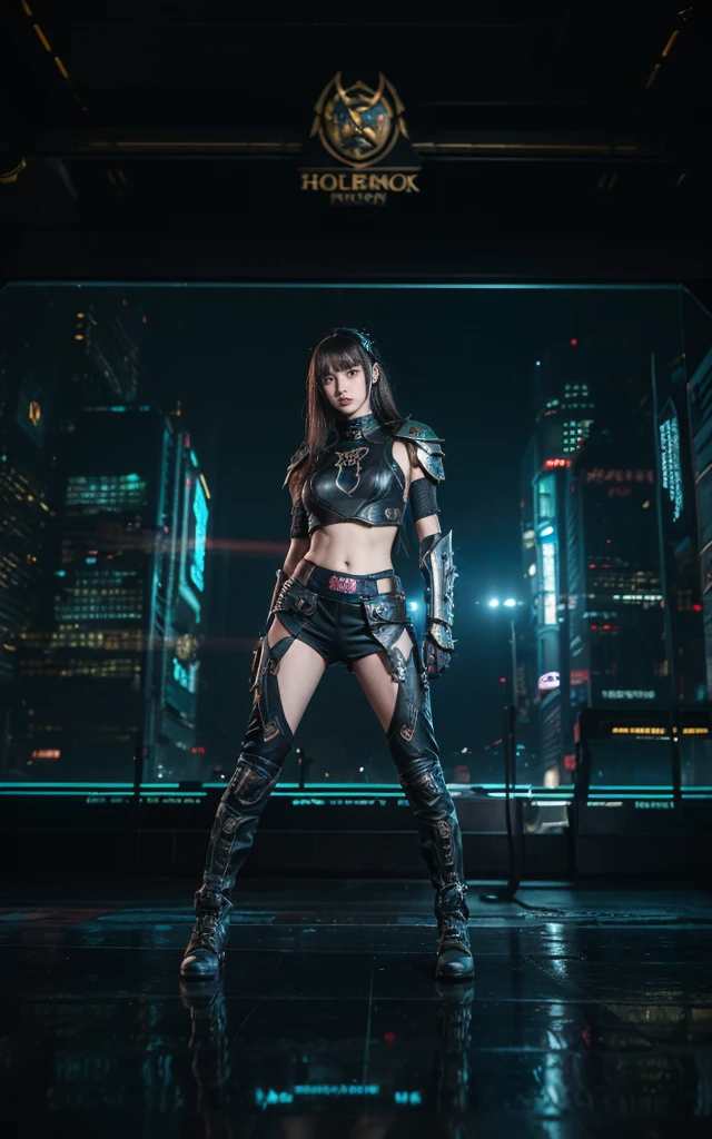 masterpiece,best quality,high resolution,8K,(Portraits:1.5),(R Original Photo),real picture,Digital Photography,(A fusion of cyberpunk and fantasy),(Female Soldiers),(Half-length photo),20 year old girl,Feel free to hairstyle,By Bangs,(Accessories,Shut up,Elegant and charming,Serious and arrogant,Calm and handsome,(Combination of cyberpunk and fantasy style clothing,hollow-carved design,Combined Armor,Combat uniforms reveal your belly button,Photo poses,Realistic style,Science fiction world background,oc render reflection texture