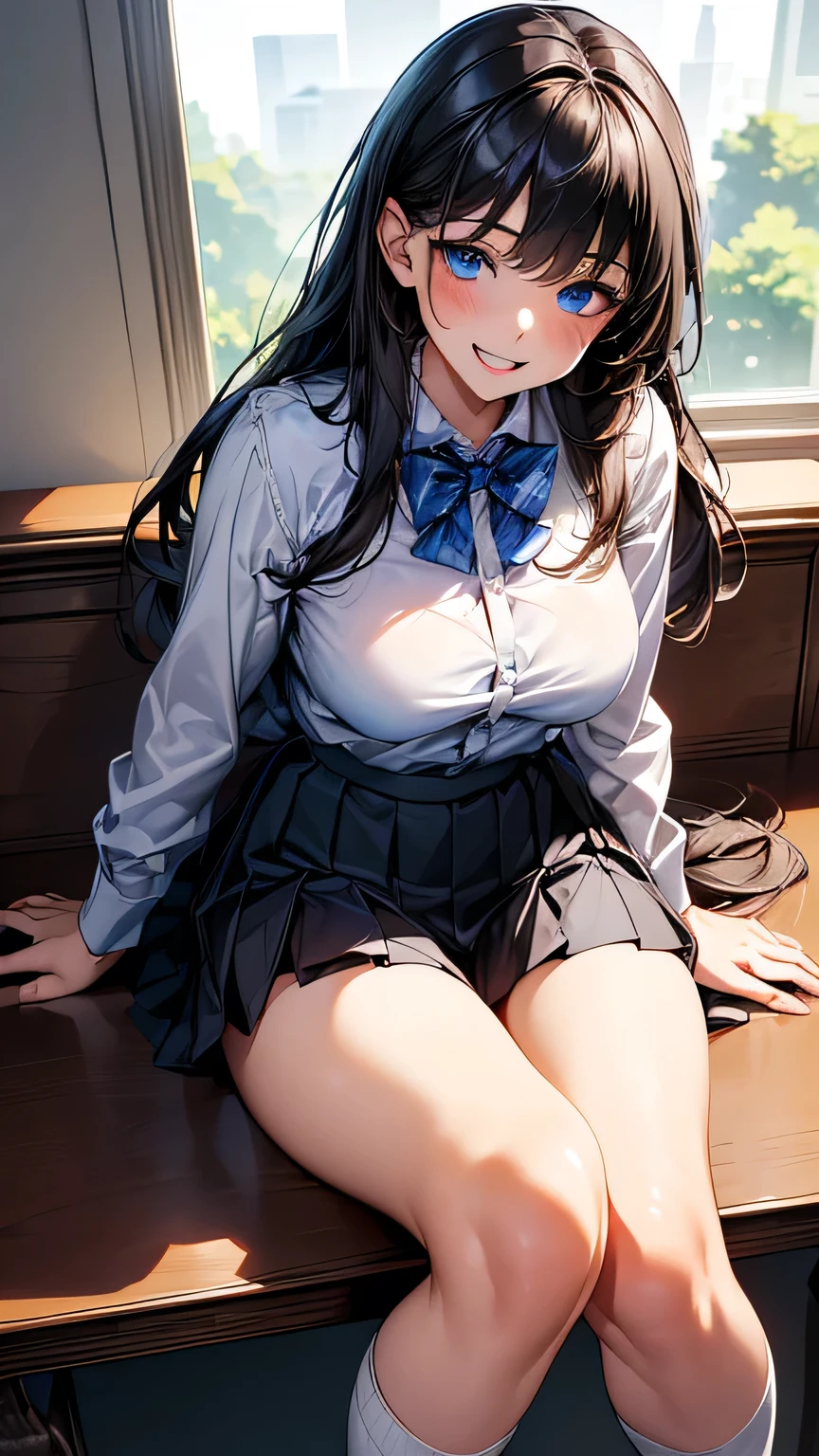 best quality,1girl,((big breasts:1.5)),((((loli,10 years old,,little girl:1.3)))),curvy,orgasm,blush,blue eyes,black hair,long hair,((two side up:1.1)),((school uniform,white shirt,plaid skirt,blue skirt,mini skirt,lift skirt,upskirt,white panties,lace panties,black thighhighs:1.1)),((walking1.3)),see through,classroom