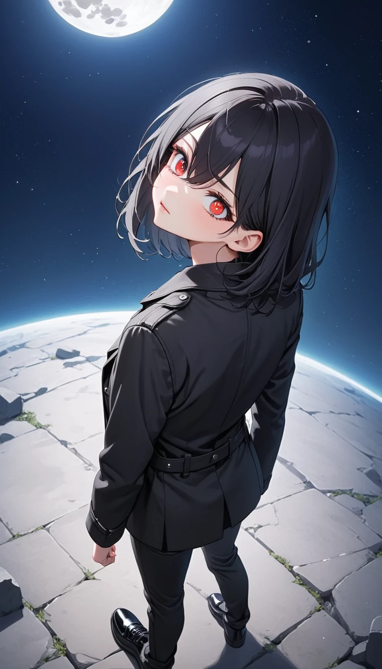 A teenager，Look up at the moon，Back，Wearing a black coat，Black pants，Black shoes，Black hair，Red left eye，Right eye gray