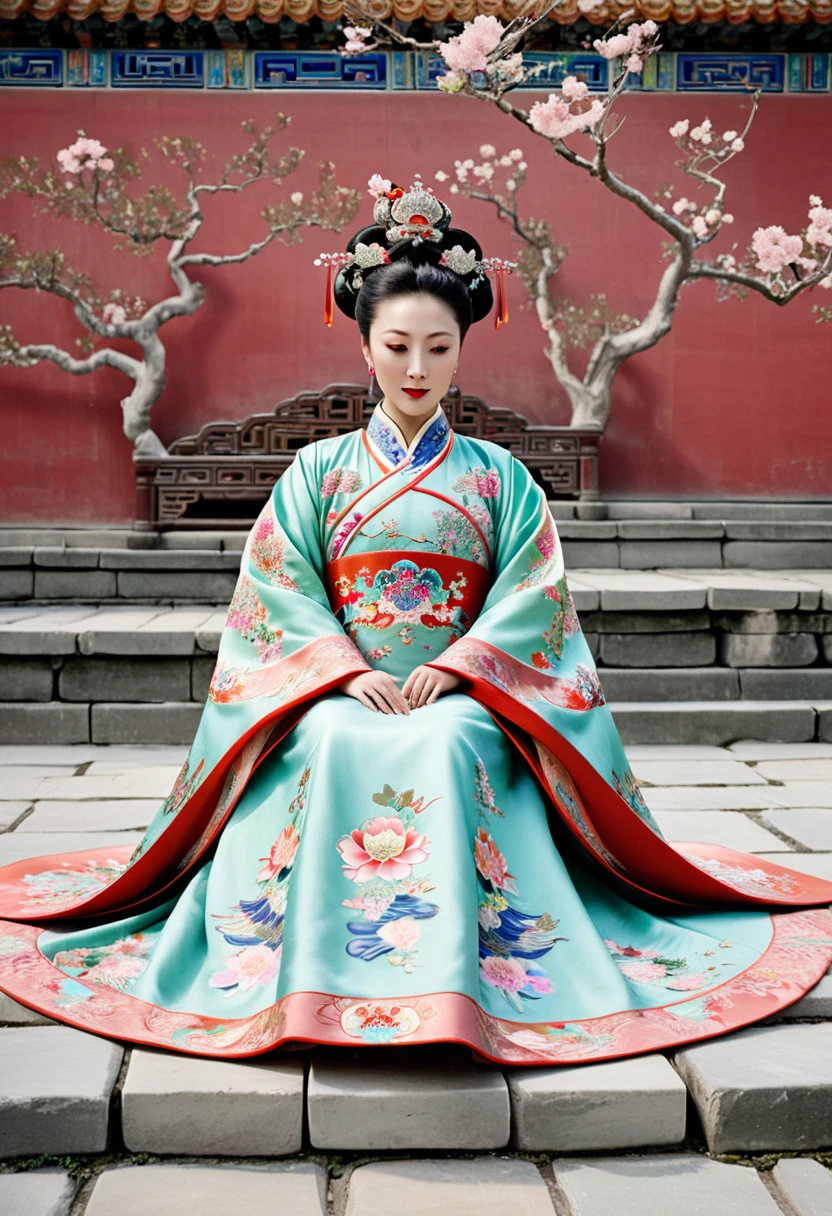  A Qing Dynasty Empress with her legs up and outstretched. On the stone pavement outside the Chinese palace. Qing Dynasty Empress. A Chinese Empress with a large crown. Her hair is decorated with a large hair ornament with gorgeous flowers and a large crown.　
Her hair is  and pulled up. The background is the stone paving outside the Qing Dynasty.