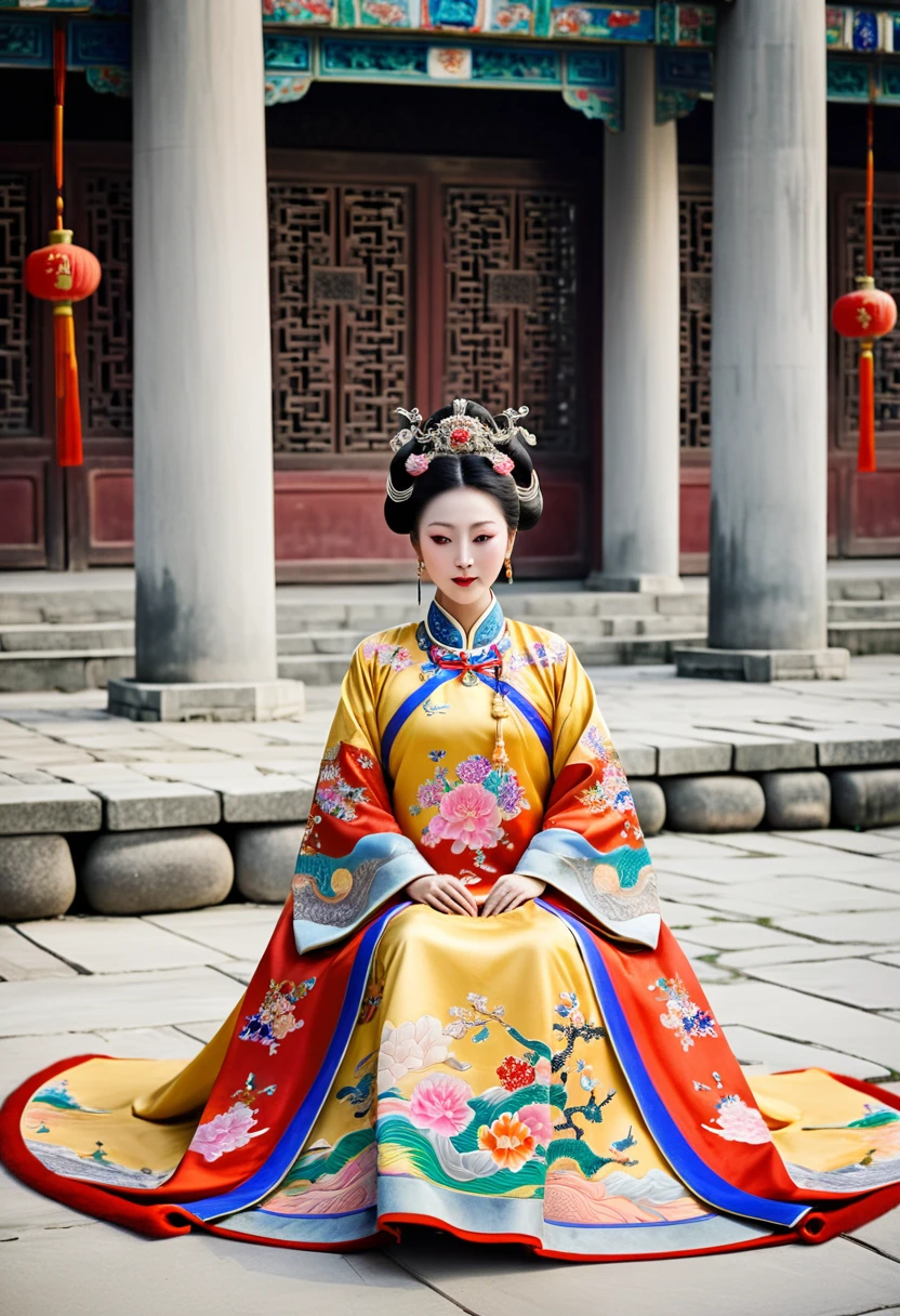 A Qing Dynasty Empress with her legs up and outstretched. On the stone pavement outside the Chinese palace. Qing Dynasty Empress. A Chinese Empress with a large crown. Her hair is decorated with a large hair ornament with gorgeous flowers and a large crown.
Her hair is tied up and pulled up. The background is the stone paving outside the Qing Dynasty.