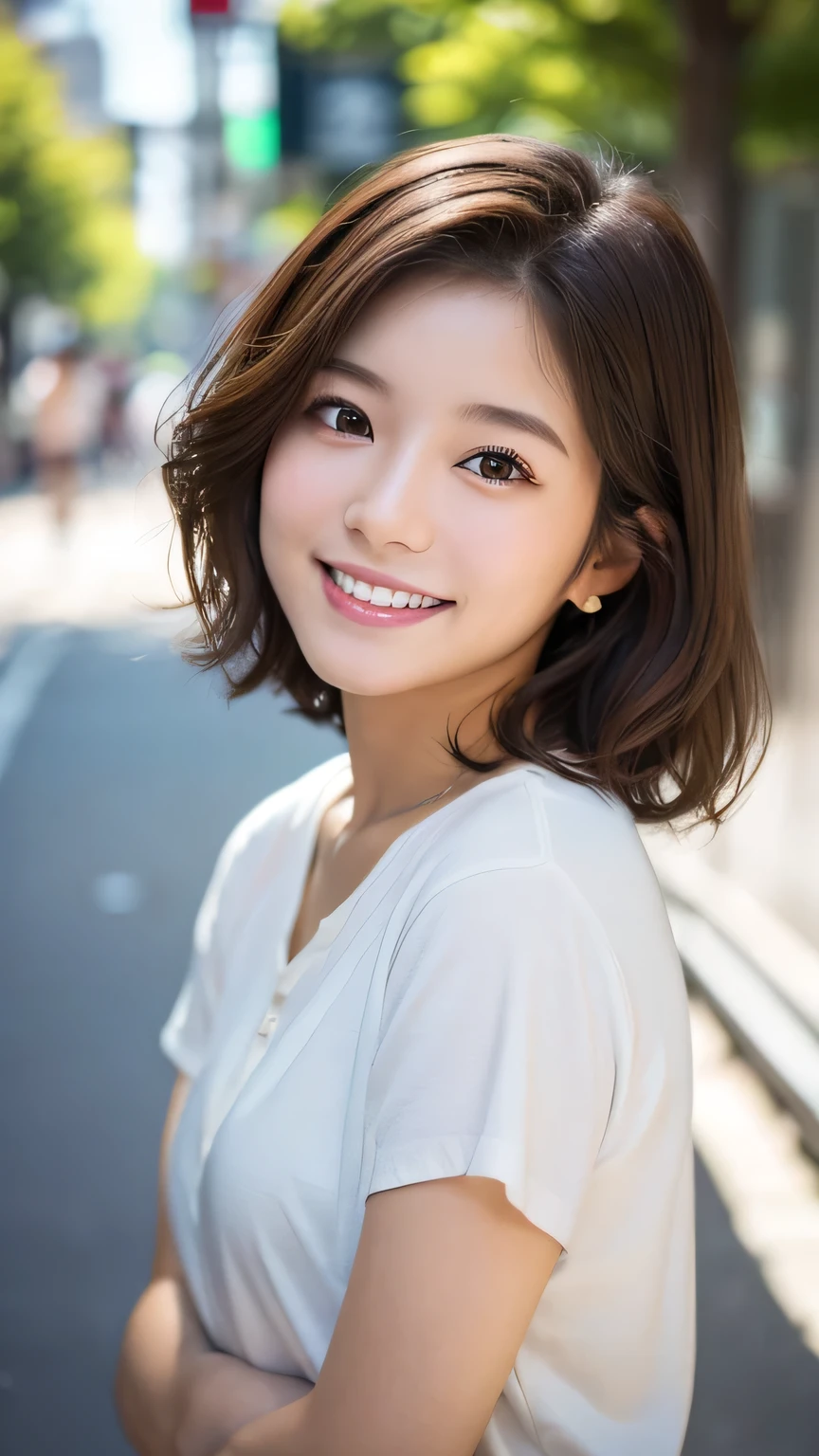 Happy smile seeing this、In the city、(Highest quality,8K quality,masterpiece:1.3,),(Ultra-high resolution:1.3,Realistic:1.4,RAW Photos:1.2),(Very detailed:1.2,Glowing Skin,Detailed skin:1.1),(Detailed face,Perfect Anatomy,Caustics:1.2),,1 girl,cute,Japanese,18-year-old,Japanese Ido,Natural brown hair,Curl short hair outward,cute目,Natural Makeup,bright casual clothes,Laughter,Looking into the camera,On the face,Face Focus,Professional Lighting,Natural soft light,