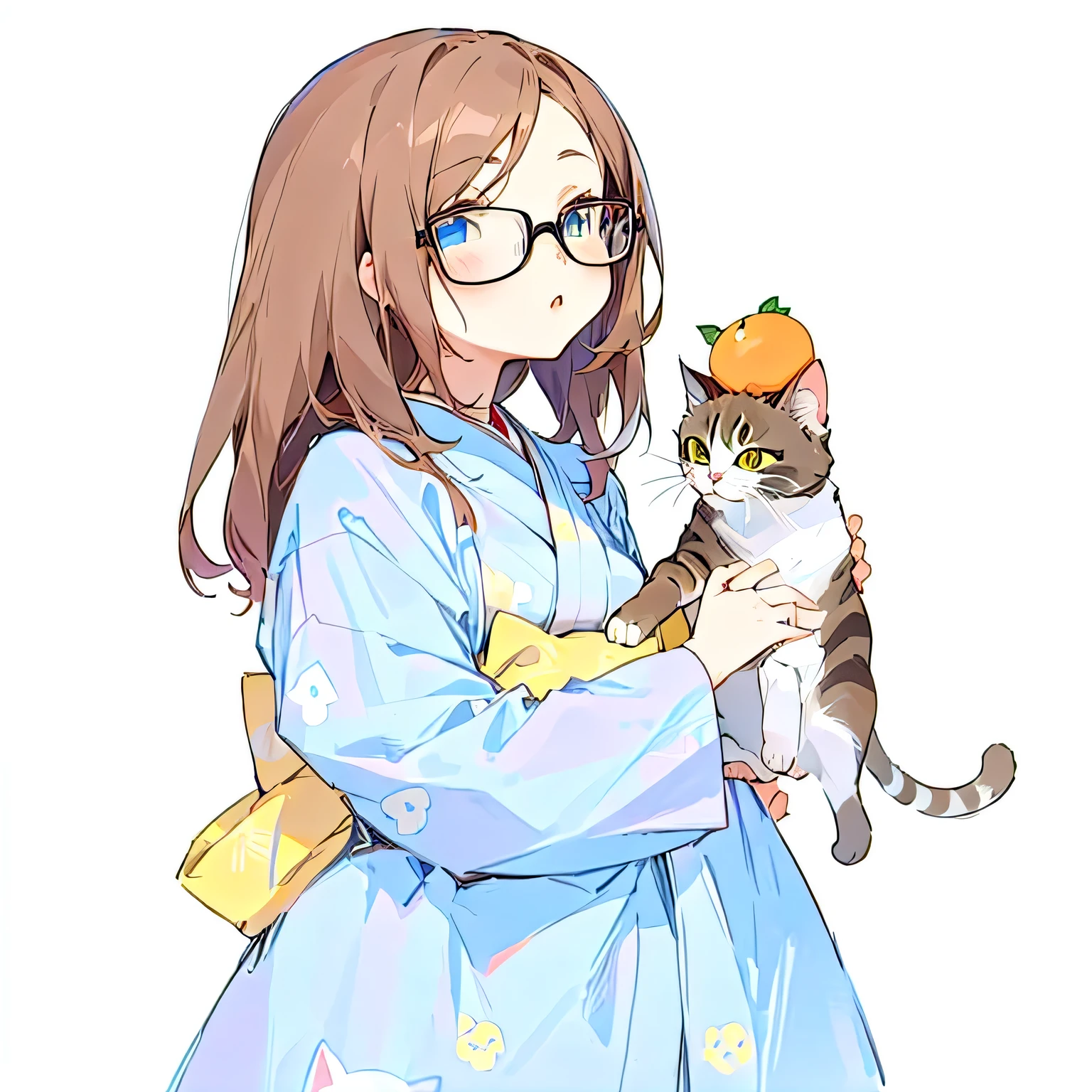 anime girl wearing kimono, anime girl Holding a cat and a orange with a cat on it, cute anime Catwoman, anime Catwoman, Catwoman, anime cat, Holding a cat, there is nothing, There is a cat next to her, she is Holding a cat in her arms, author:Yukika Kosaka, Charming Catwoman, Anime style, An anthropomorphic cat, in japanese room