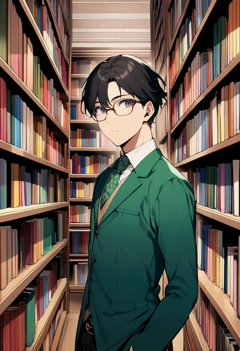 young man with black hair and dark eyes, in an infinite library, librarian.