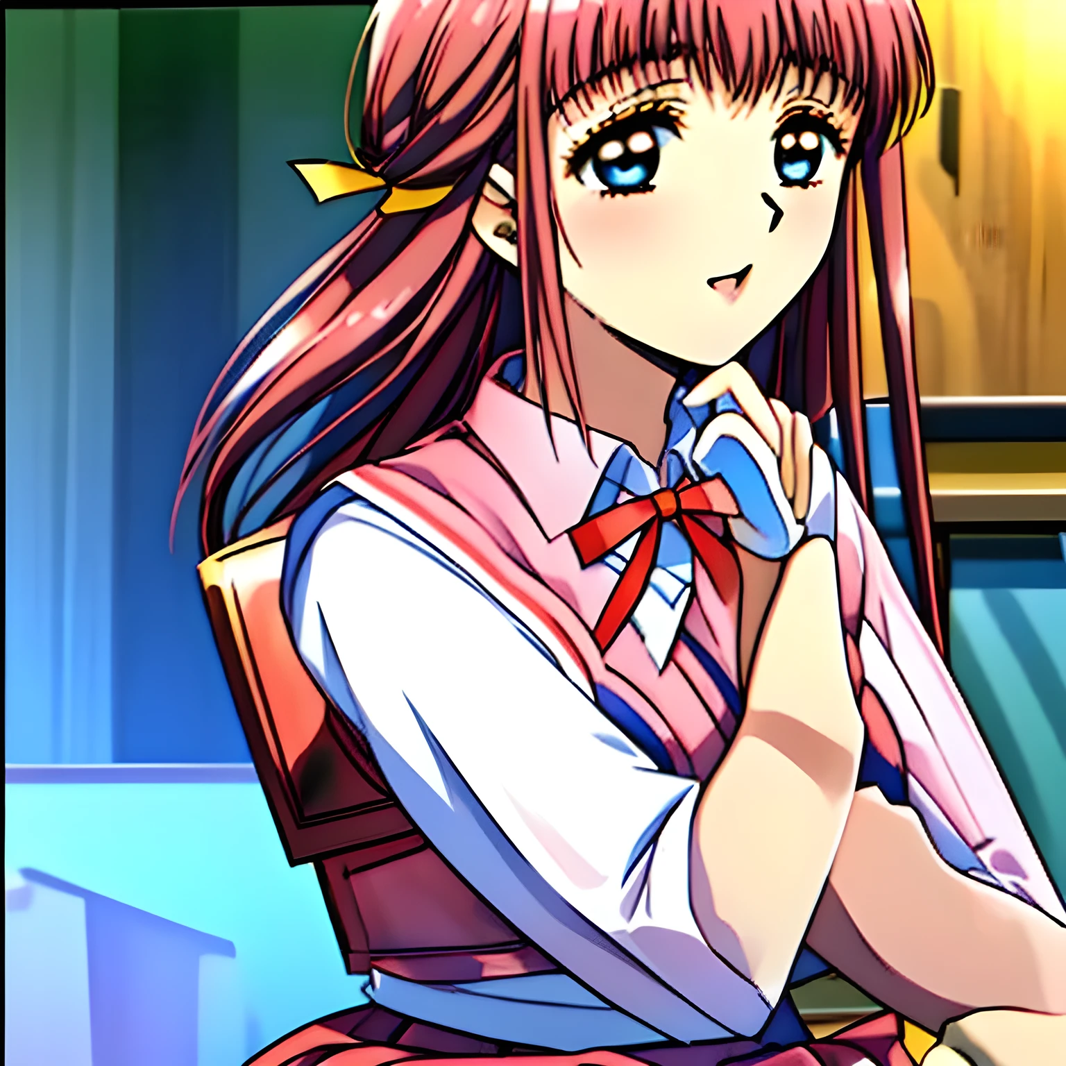 (highest quality, masterpiece:1.2), highest quality, High resolution, 1080P, 8k, (Very beautiful and delicately drawn high-resolution anime CG: 1.5), (A beautiful girl anime heroine, A very neat, very noble, pretty, pure girl is raising up from evil darkness in a succubus nightmare: 1.6), (black succubus background: 1.5), Glossy lips, Evenly cut bangs, (beautiful blue eyes with detailed: 1.2), (Very beautiful and very long flowing pink hair: 1.2), (Noble blue school vest uniform, blue pleated noble skirt, white blouse: 1.6), (Big yellow cute wide ribbon on her chest), (Yellow hair ribbon clip: 1.0), (Giggling: 1.0), (Mouth is laughing and wide open as a game heroine: 1.0), (A beautiful body like a model), (Walking with a school bag, turning around), (long cute eyelashes: 1.4), ((thin droopy eyebrows: 1.4)), (giggling and calling me to invite me to her extreme happiness with her mouth widely open!: 1.6), (showing her very long tongue: 1.6), (laughing shy cheeks and lips, as if watching a comedy: 1.5), ((Very super long wavy hair is too much beautiful: 1.0)), (Tilting her head shyly), (Too beautiful women to stop falling into her, makes me crazy: 1.6), (She is in fact succubi and calling me with strong religious temptation, drops me into craziness: 1.2), (showing her palm to invite me: 1.2)