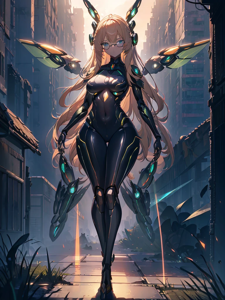 masterpiece, absurdres, best quality, extremely detailed eyes and face, natural skin texture, detailed skin, (perfect fingers, perfect hands), post-apocalypse, ruins city, collapsed buildings, summer, sunshine, 
BREAK
1 android girl, (blond hair, long hairs), blue eyes, glasses, serious face, mechanical body, (glowing green mechanical wings, 4 large wings), flying, (two bazookas on her back), (holding huge laser guns:1.2)