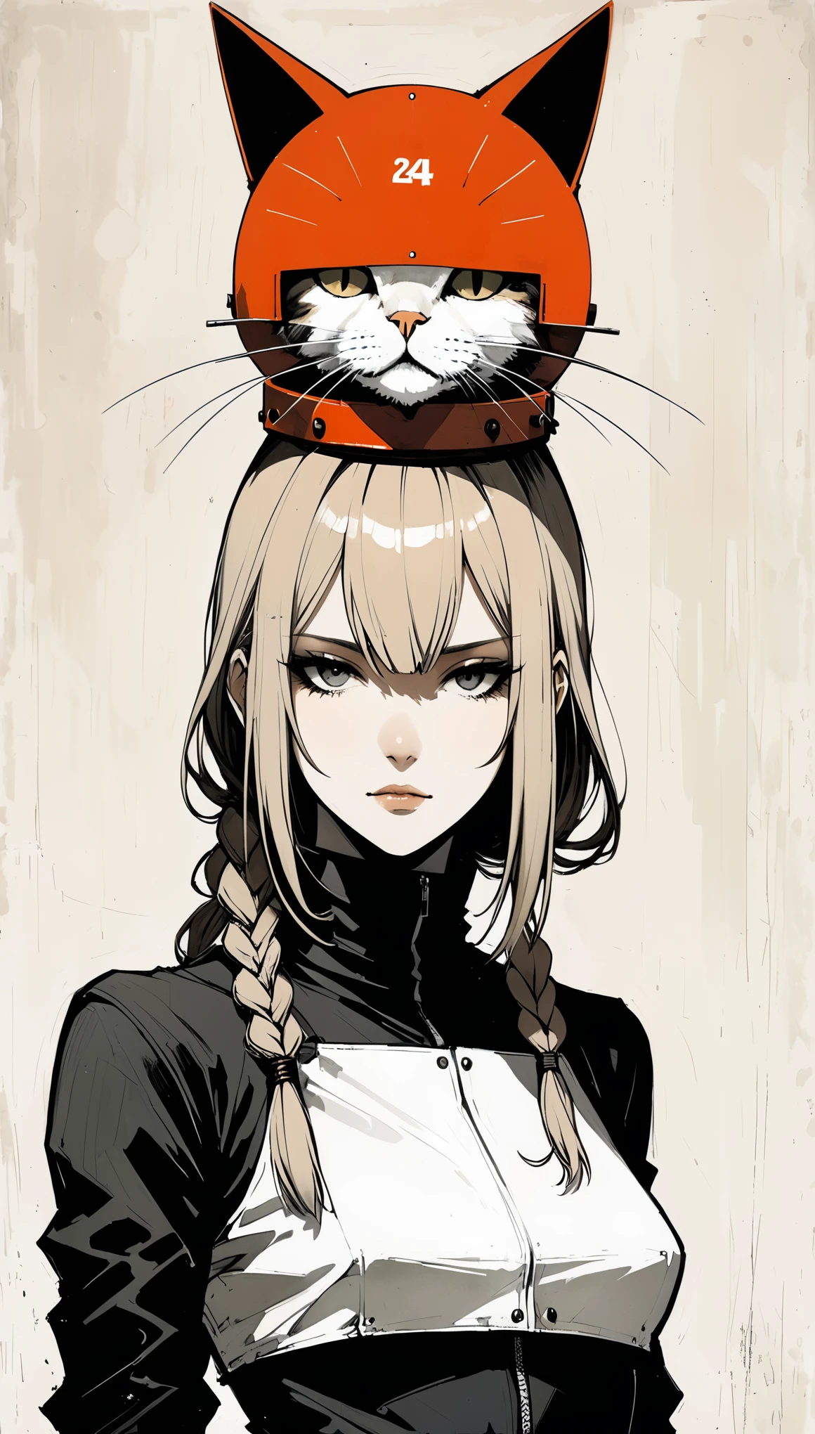 in style of Santiago Caruso,in style of ashley wood,in style of Barnett Newman,in style of Axel Törneman
character concept design,(1girl:1.1),upper_body,front braid,cat on head