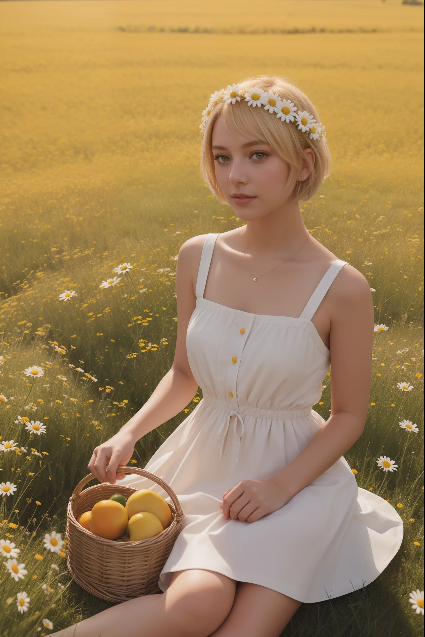 (girl:1.2),alone, (blonde short hair:1.1), brown eyes, Wearing a daisy wreath on your head, Sit in a daisy field, (fruit basket:1.1), coquette dress,raw,photographic,photo shadows,actual,Ridiculous,Aesthetic,elegant