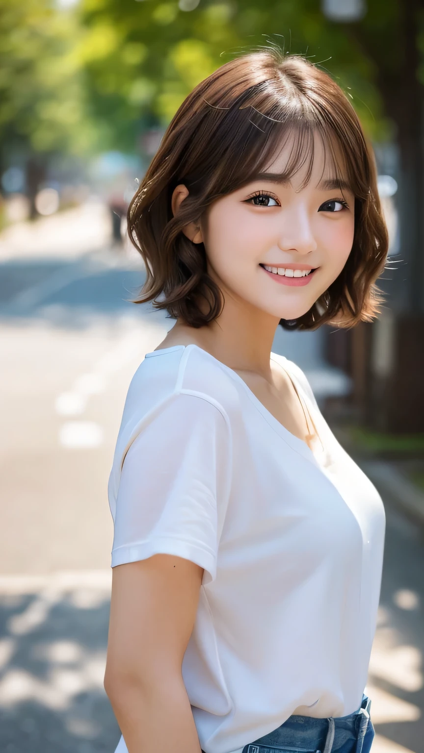 Happy smile seeing this、In the city、(Highest quality,8K quality,masterpiece:1.3,),(Ultra-high resolution:1.3,Realistic:1.4,RAW Photos:1.2),(Very detailed:1.2,Glowing Skin,Detailed skin:1.1),(Detailed face,Perfect Anatomy,Caustics:1.2),,1 girl,cute,Japanese,18-year-old,Japanese Ido,Natural brown hair,Curl short hair outward,cute目,Natural Makeup,bright casual clothes,Laughter,Looking into the camera,On the face,Face Focus,Professional Lighting,Natural soft light,