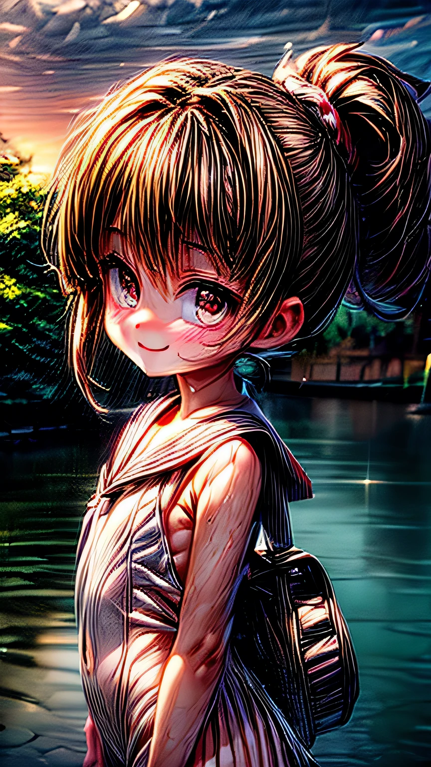 One girl, high school girl、(((リボン付きSailor suit))), Summer clothes、Wet and transparent、((Navy pleated ocks、loafers、ponytail、school bag)、My belly is visible through my clothes、cute, wonderful, Beautiful attention to detail, Iris, Black Hair, In detail, Depth of written boundary, Highly detailed CG, original, Highly detailed wallpaper, View your viewers, Detailed face, Cleavage, (Big Tits, Hard nipples)、Toned Abs, White skin, Realistic、(Cinema Lighting)、Detail emphasis, Beautiful lighting、(((Sailor suit))), Summer clothes、Wet and transparent, ((In the park after the rain))、Summer sunset、Realistic park、masterpiece, 最high quality, high quality, High resolution、 ((smile)), smileで、((Upper body portrait))),