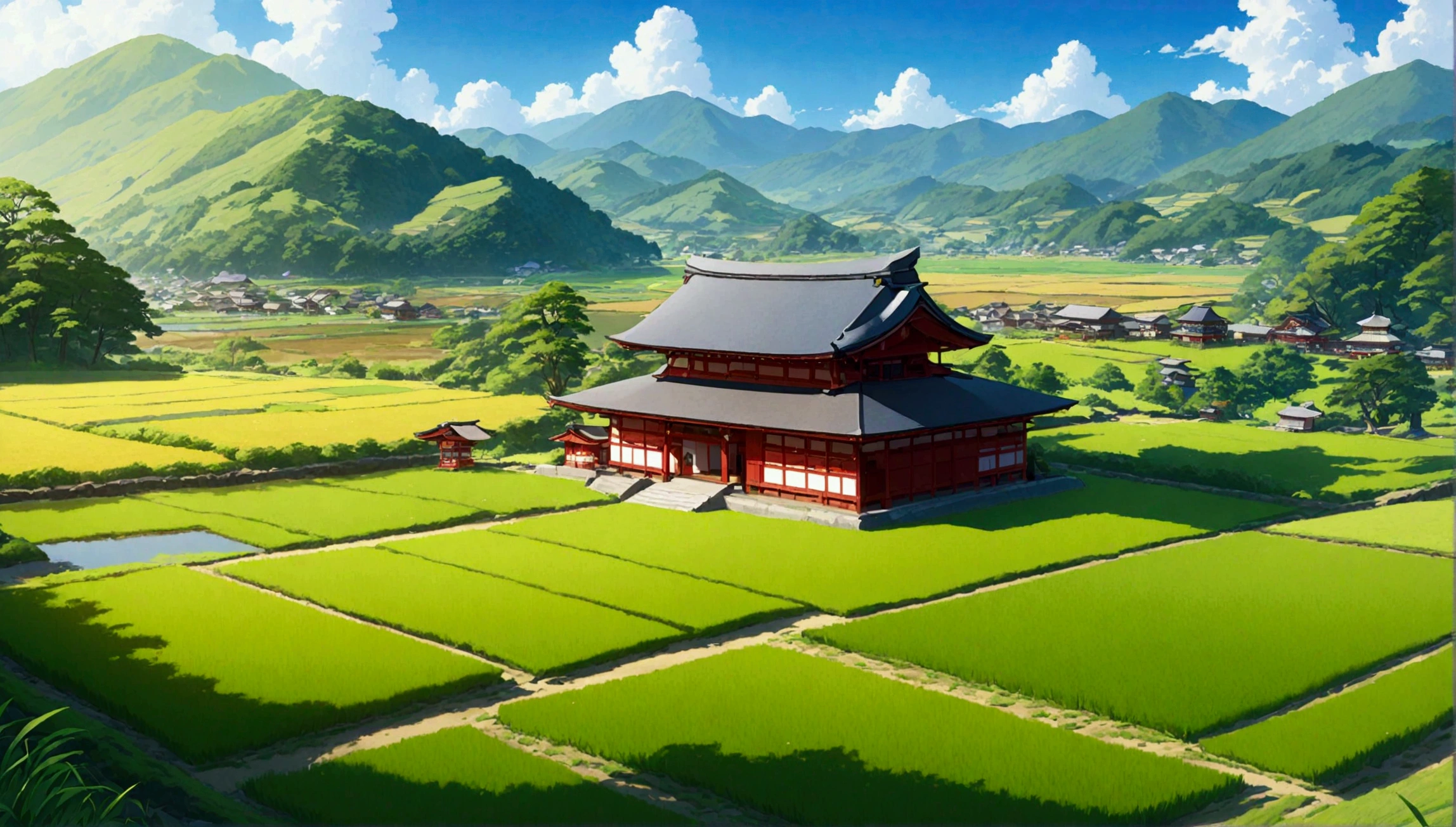 Japanese countryside,Paddy field,Azemichi,shrine,Midsummer,sunny,Daytime,Highest quality, 8k, High resolution, masterpiece:1.2, Very detailed, Realistic:1.37, High resolution, 超High resolution, Very detailed, Professional, Vibrant colors