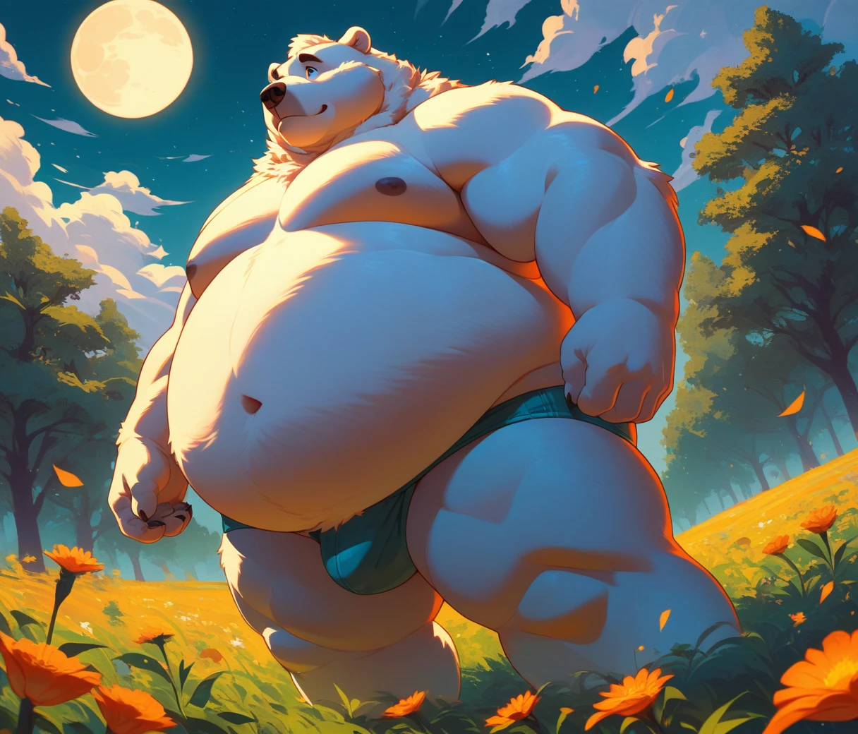 (cute, Obese, Overweight, male, anthro, polar bear), standing, front side view, thick thighs, , cyan briefs, climression, dutch angle, Above is the sky, Below are open fields, standing on a flower field looking up, moon full, meteors, Starcloud, Far Mountain, Tree, Lots of purple and orange, Volumetric lighting, Irridescent color, with light glowing, Atmospheric lighting, detailxl