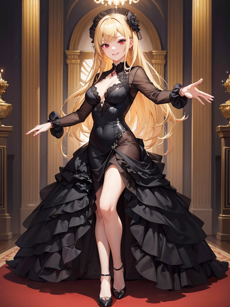 masterpiece. best quality. A woman in a black long dress. red eyes. She has blonde hair. She is smiling. She is dancing at the ballroom of Palace. full-body. realistic hands. detailed hands.