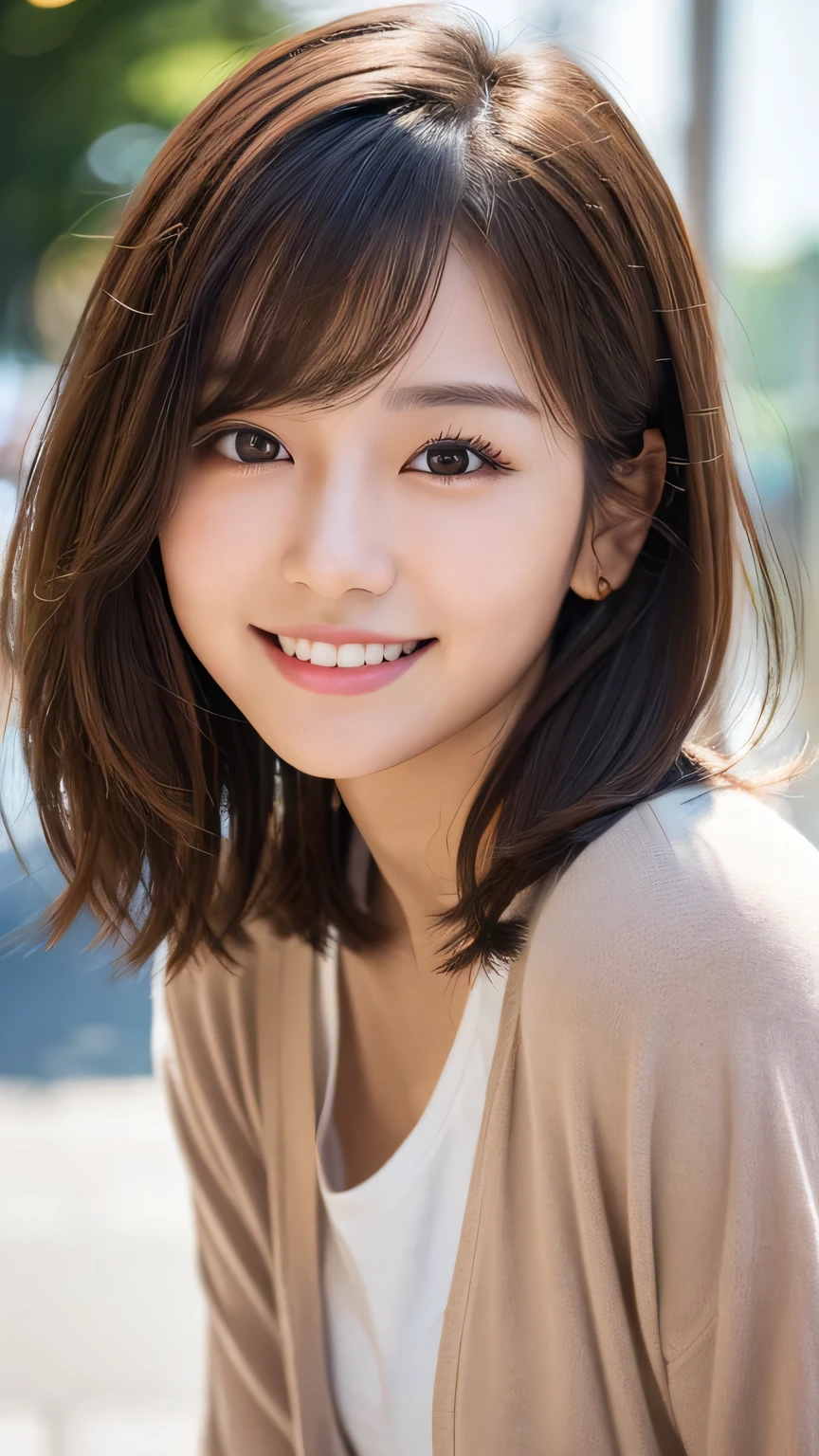Happy smile seeing this、In the city、(Highest quality,8K quality,masterpiece:1.3,),(Ultra-high resolution:1.3,Realistic:1.4,RAW Photos:1.2),(Very detailed:1.2,Glowing Skin,Detailed skin:1.1),(Detailed face,Perfect Anatomy,Caustics:1.2),,1 girl,cute,Japanese,18-year-old,Japanese Ido,Natural brown hair,Curl short hair outward,cute目,Natural Makeup,bright casual clothes,Laughter,Looking into the camera,On the face,Face Focus,Professional Lighting,Natural soft light,